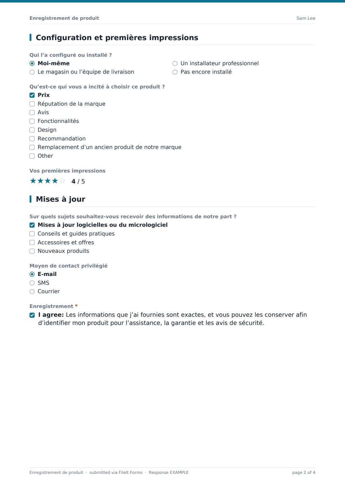 Enregistrement de produit — exemple de réponse au format PDF, page 2 sur 4