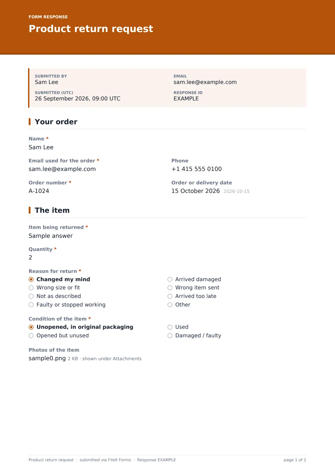 Product return request — example response PDF, page 1 of 2