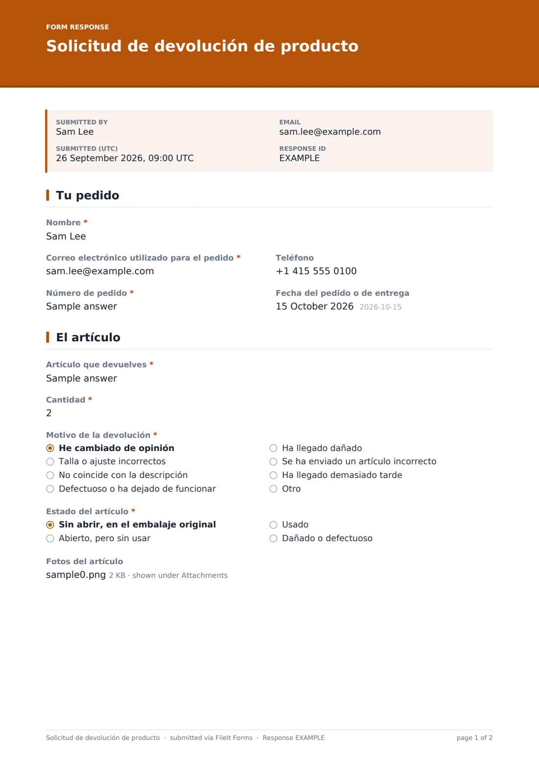 Solicitud de devolución de producto — PDF de respuesta de ejemplo, página 1 de 2