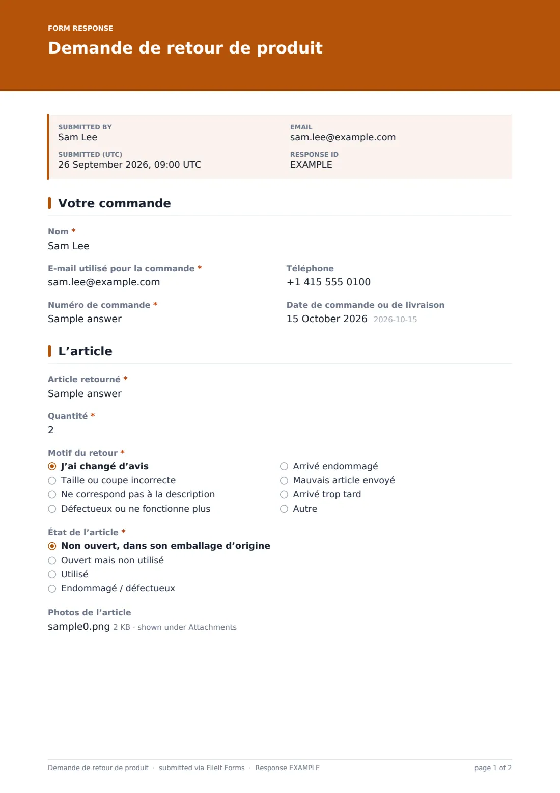 Demande de retour de produit — exemple de réponse au format PDF, page 1 sur 2
