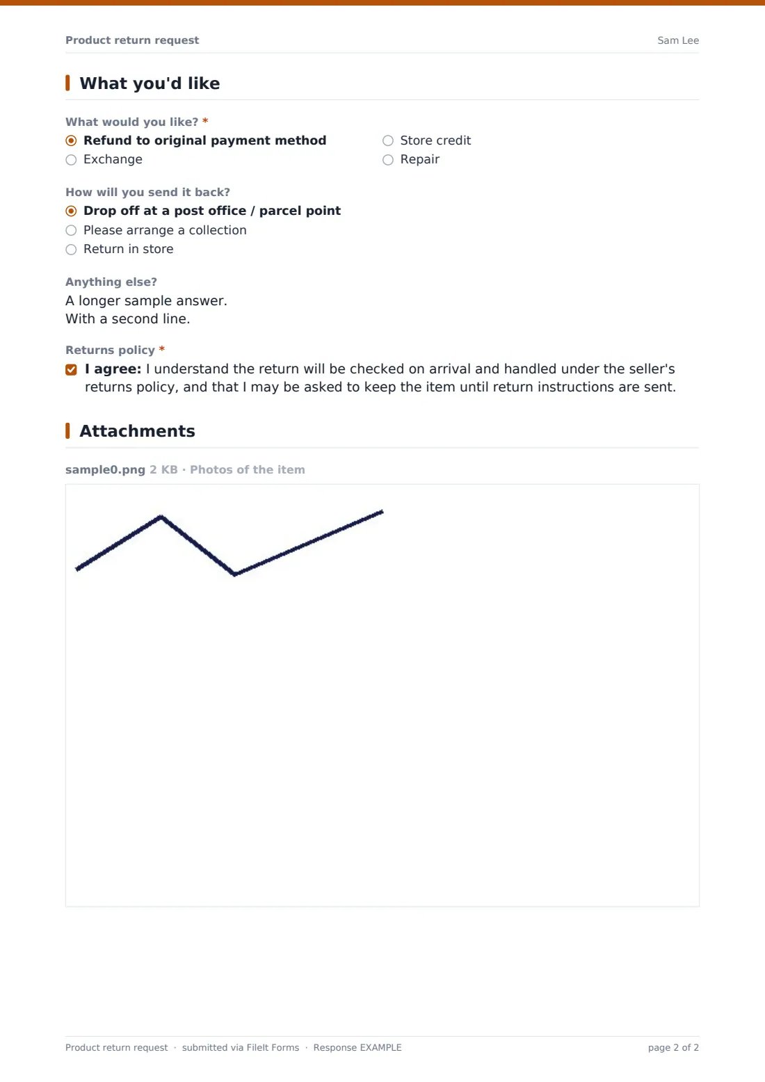 Product return request — example response PDF, page 2 of 2