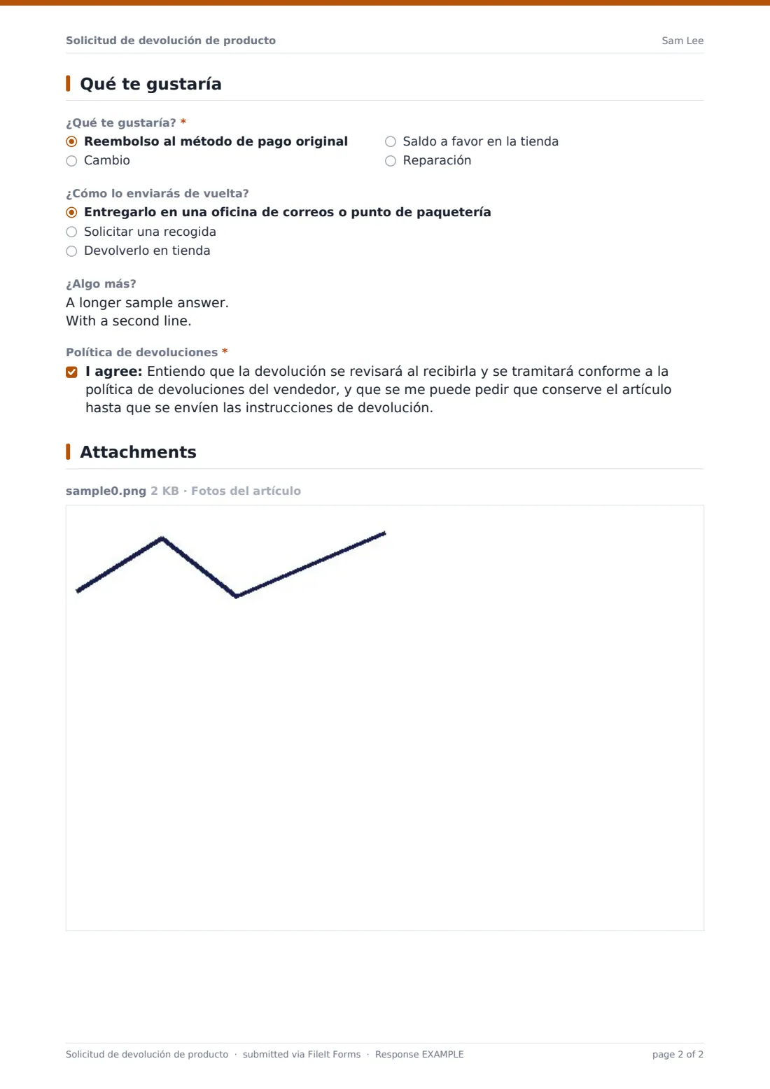 Solicitud de devolución de producto — PDF de respuesta de ejemplo, página 2 de 2