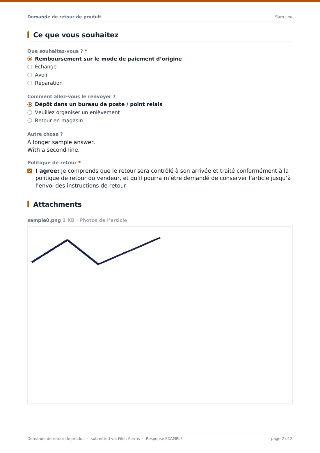 Demande de retour de produit — exemple de réponse au format PDF, page 2 sur 2