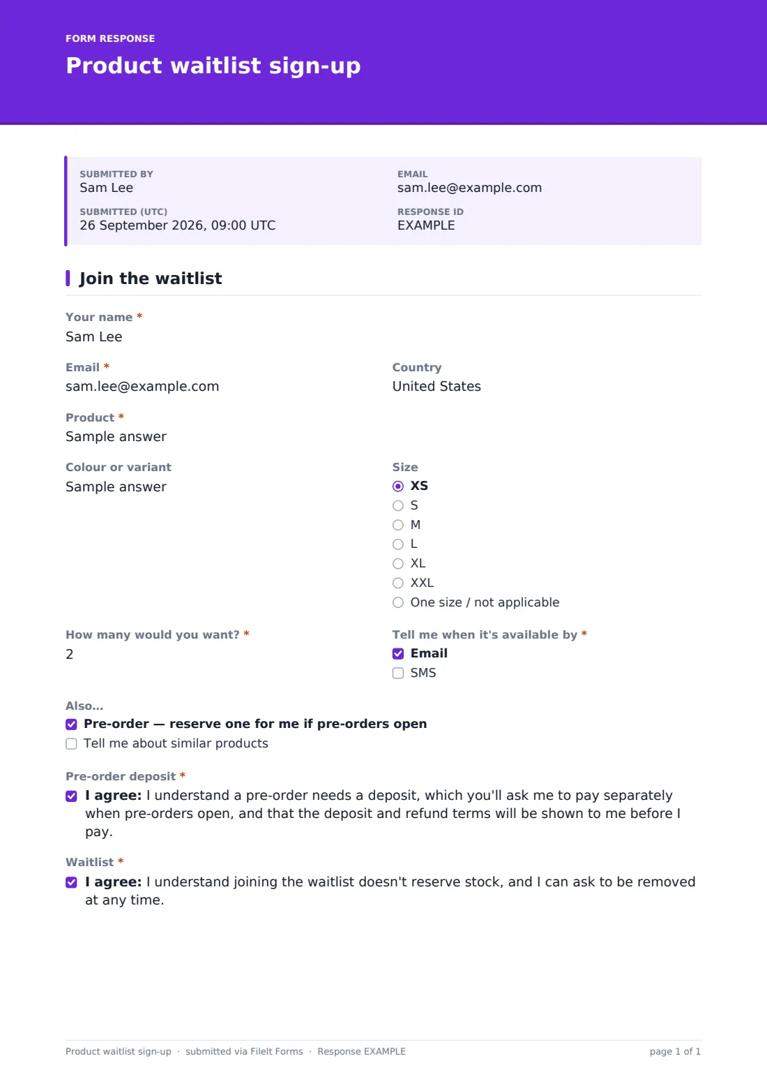 Product waitlist sign-up — example response PDF, page 1 of 1