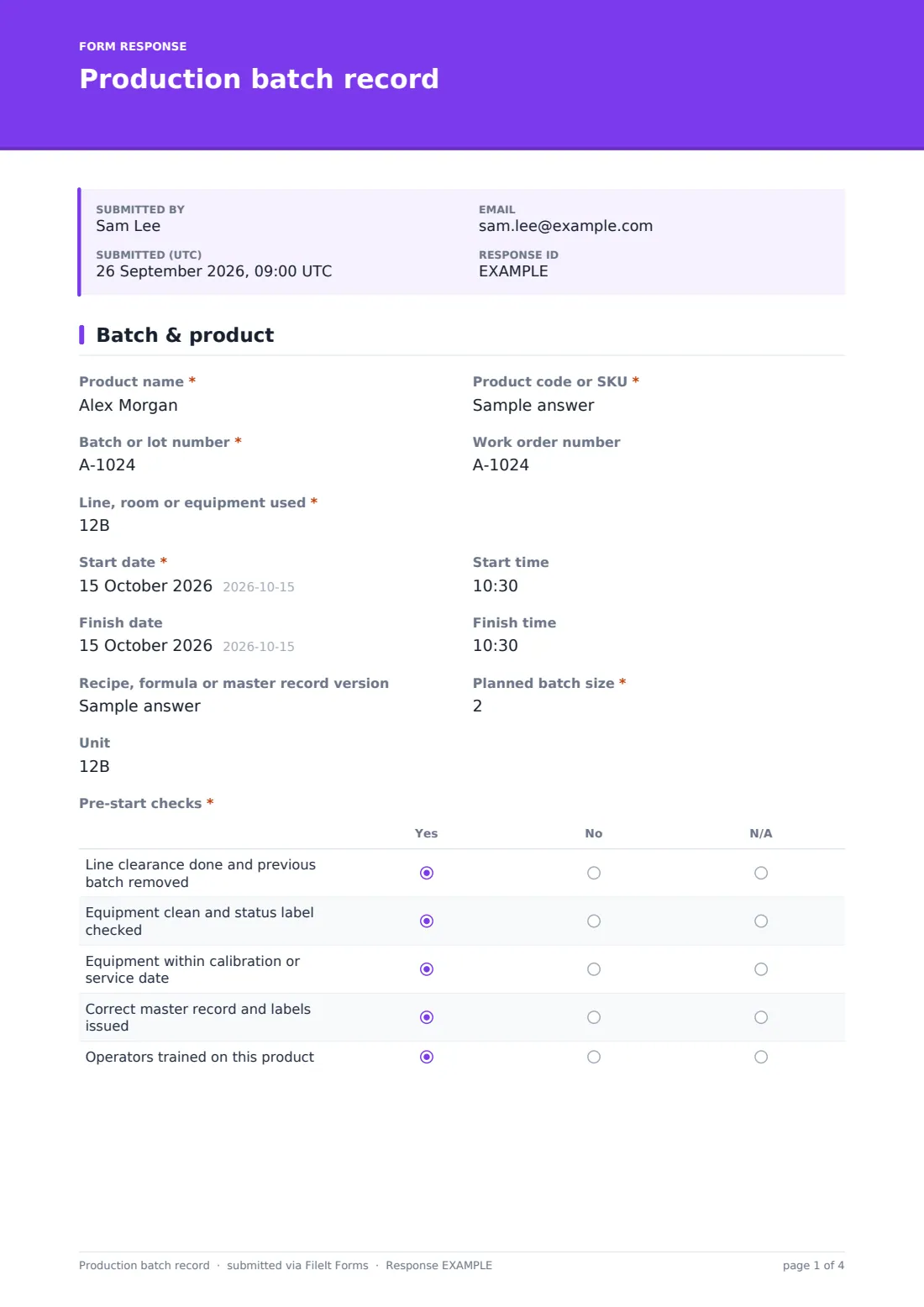 Production batch record — example response PDF, page 1 of 4