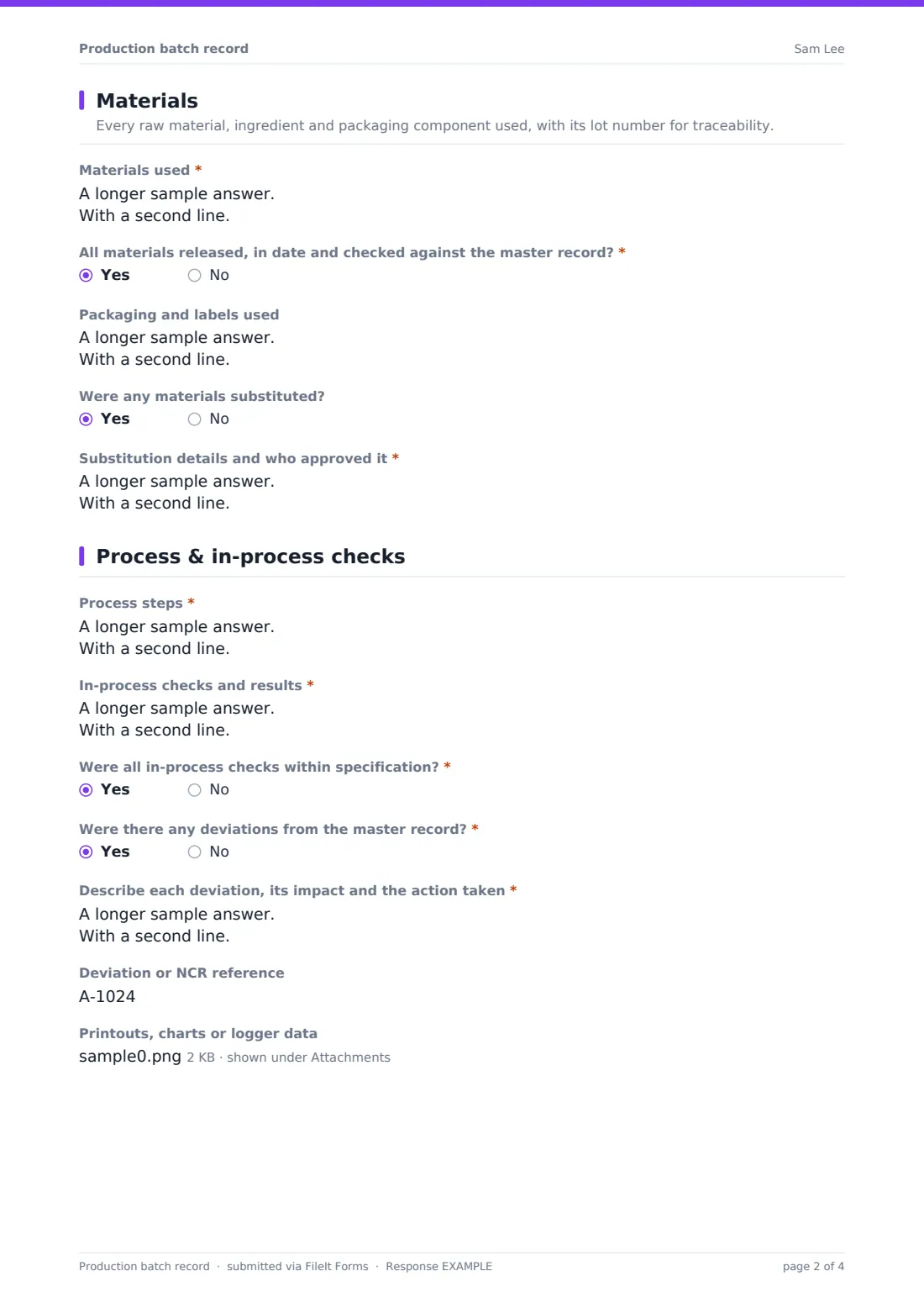 Production batch record — example response PDF, page 2 of 4