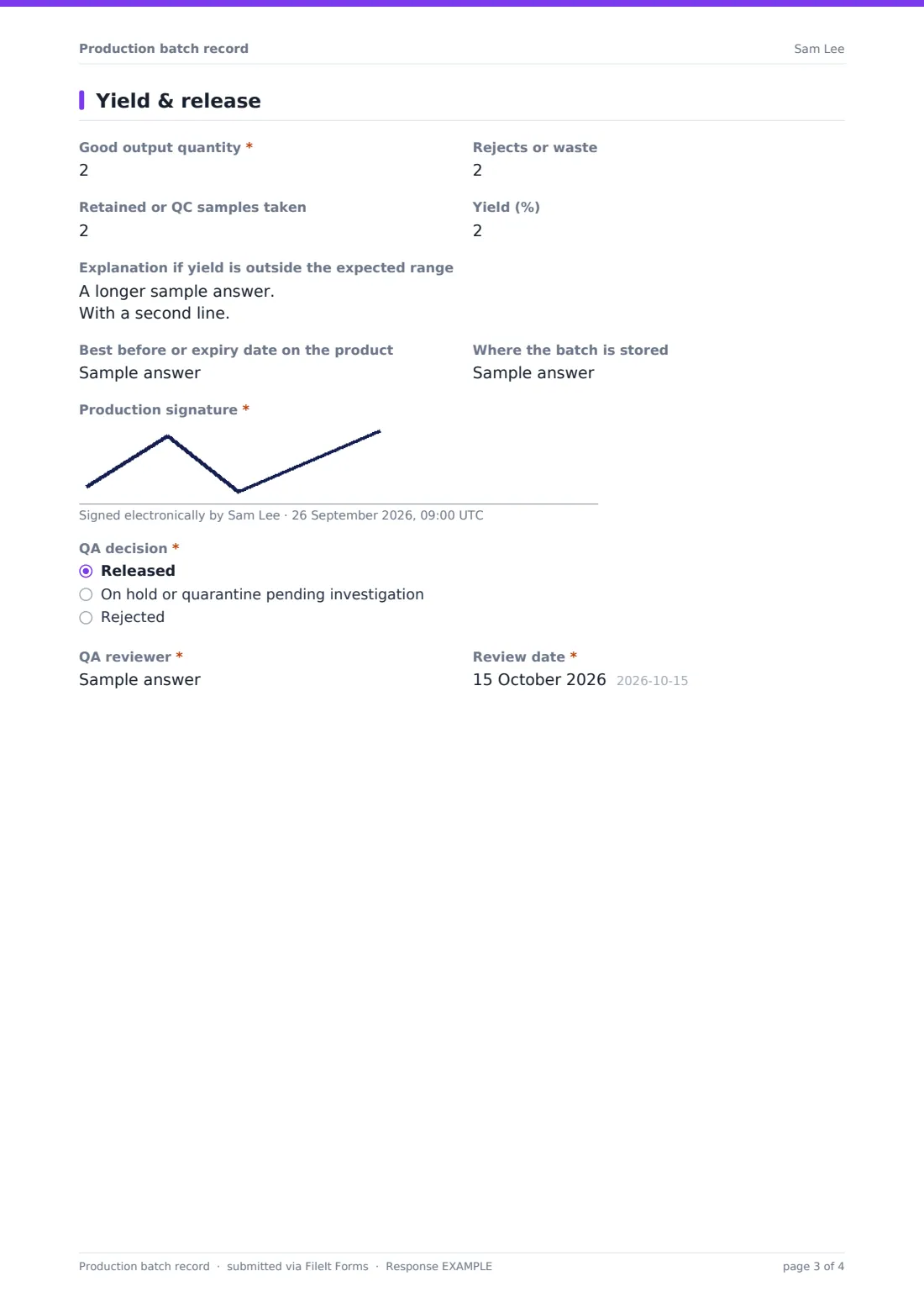 Production batch record — example response PDF, page 3 of 4