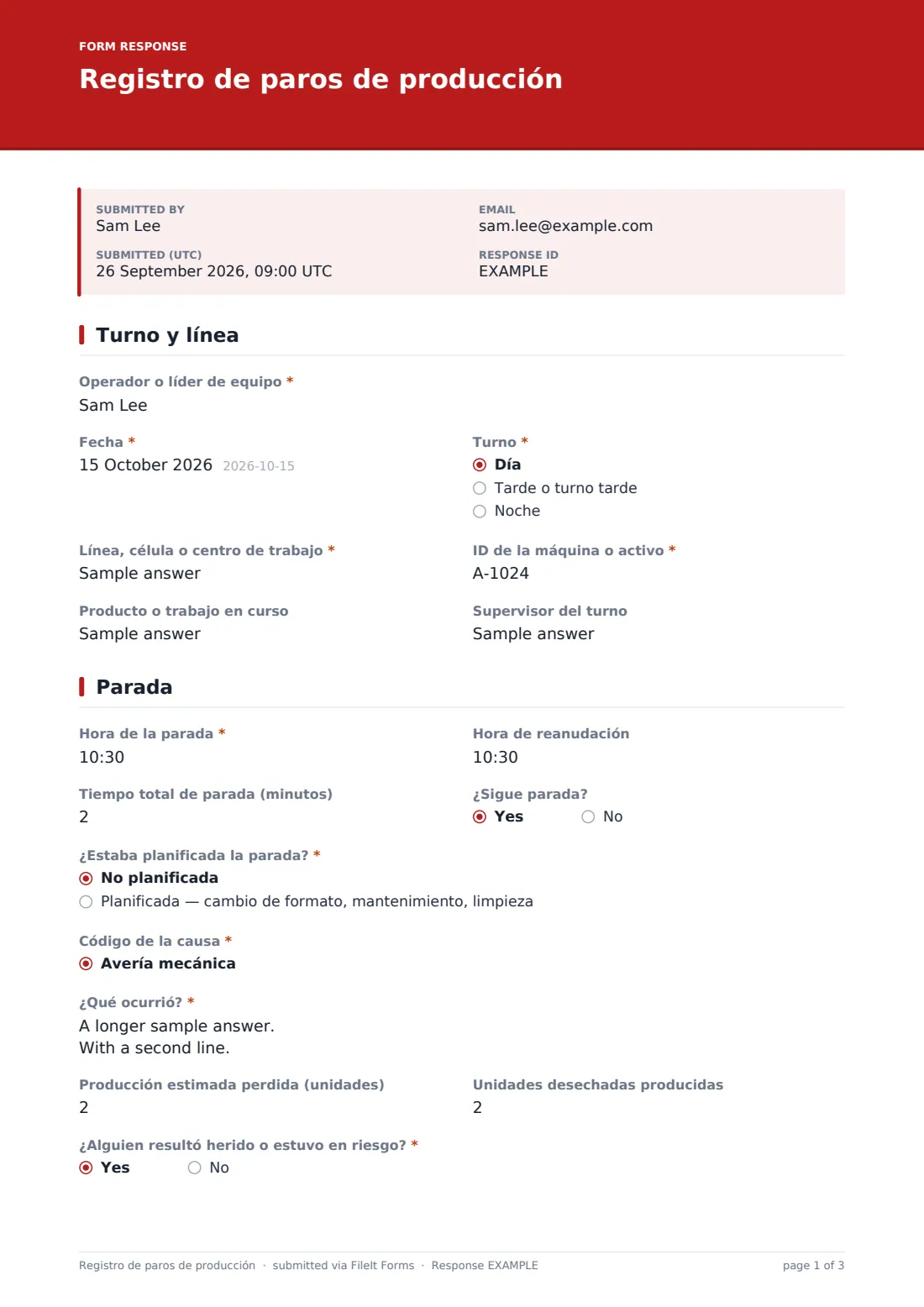 Registro de paros de producción — PDF de respuesta de ejemplo, página 1 de 3