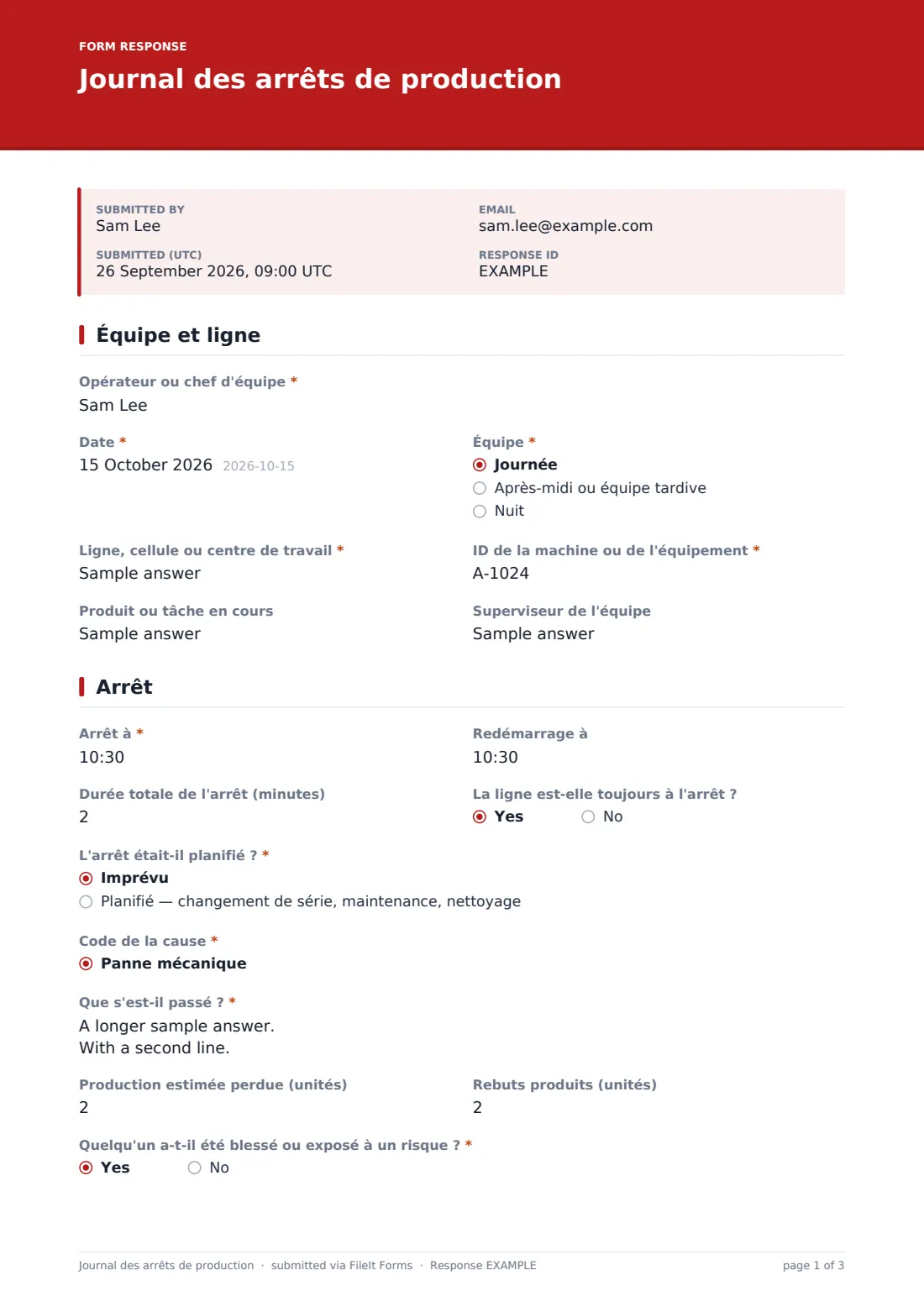 Journal des arrêts de production — exemple de réponse au format PDF, page 1 sur 3