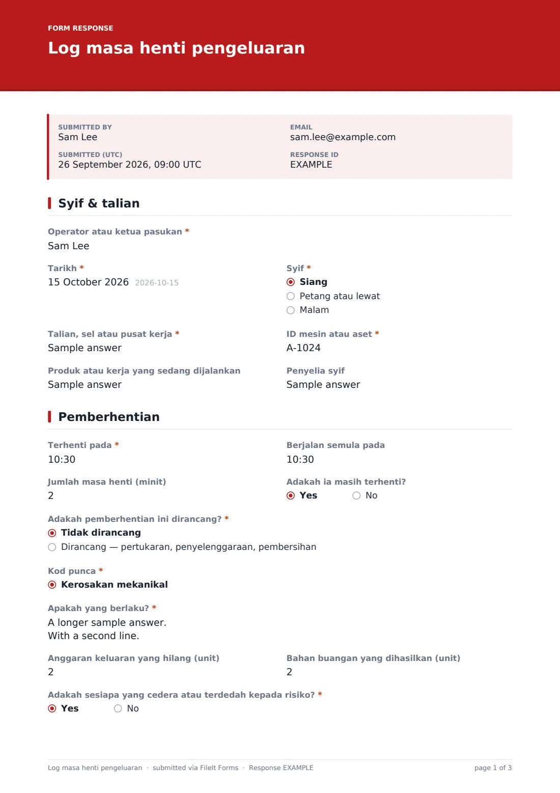 Log masa henti pengeluaran — PDF respons contoh, halaman 1 daripada 3