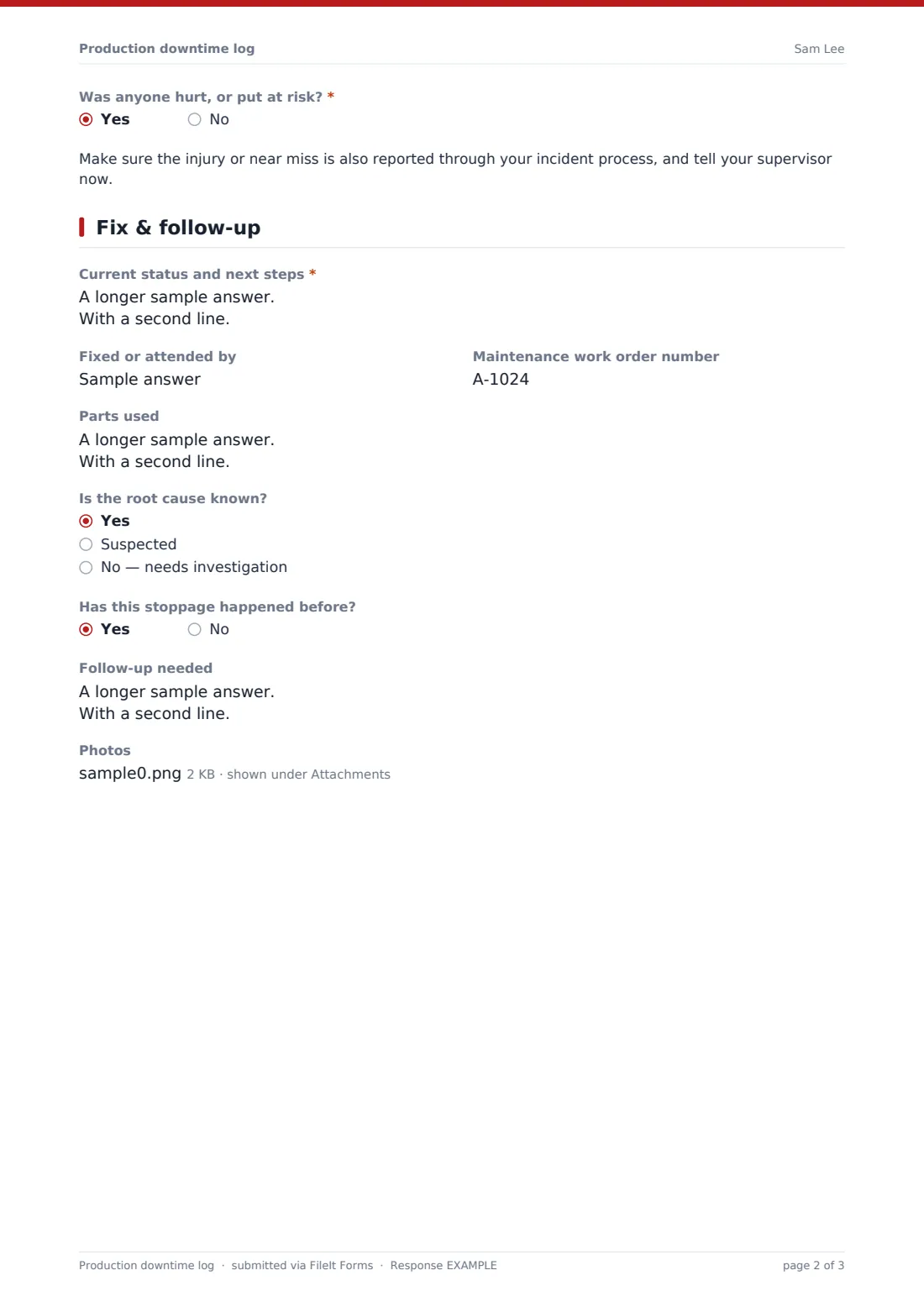 Production downtime log — example response PDF, page 2 of 3