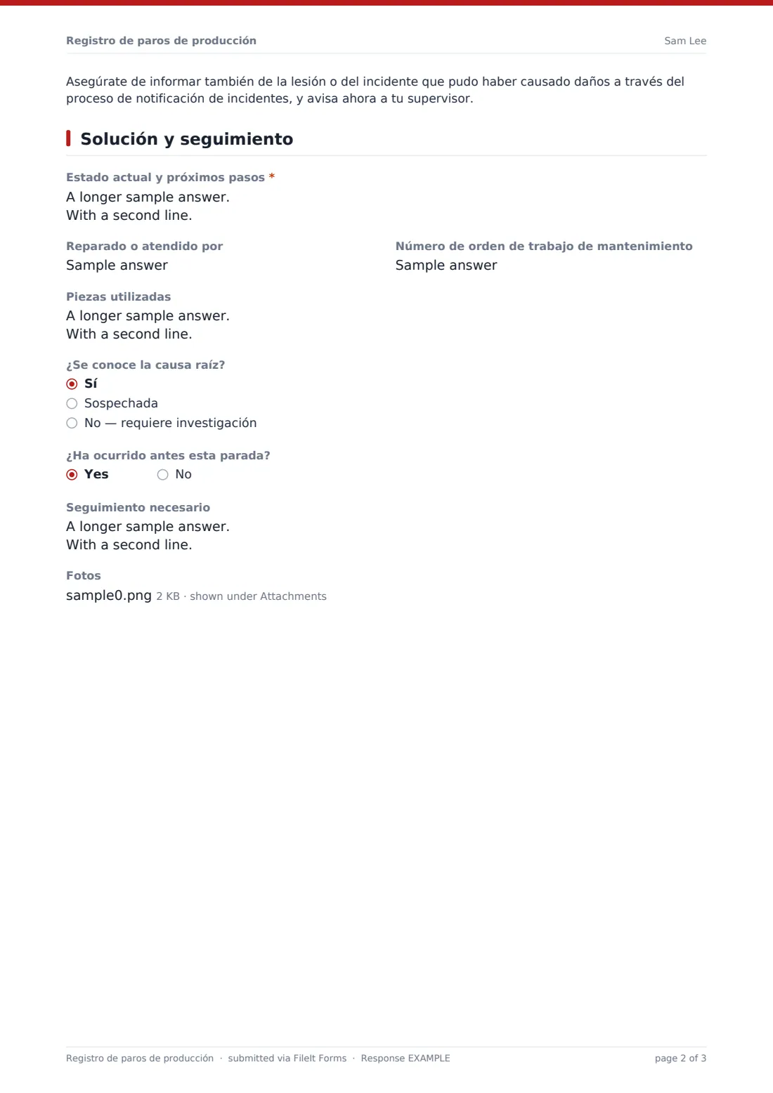 Registro de paros de producción — PDF de respuesta de ejemplo, página 2 de 3