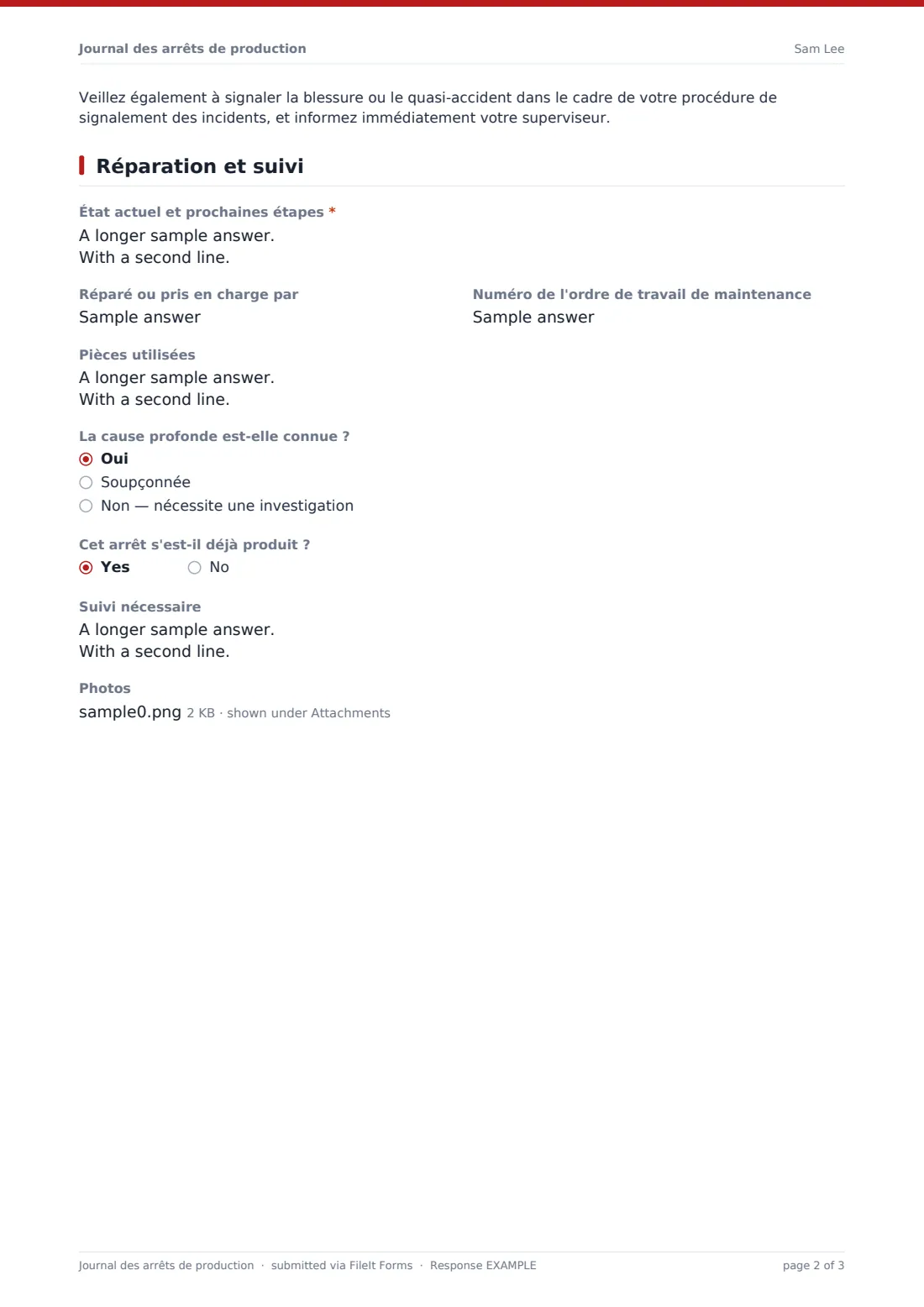 Journal des arrêts de production — exemple de réponse au format PDF, page 2 sur 3