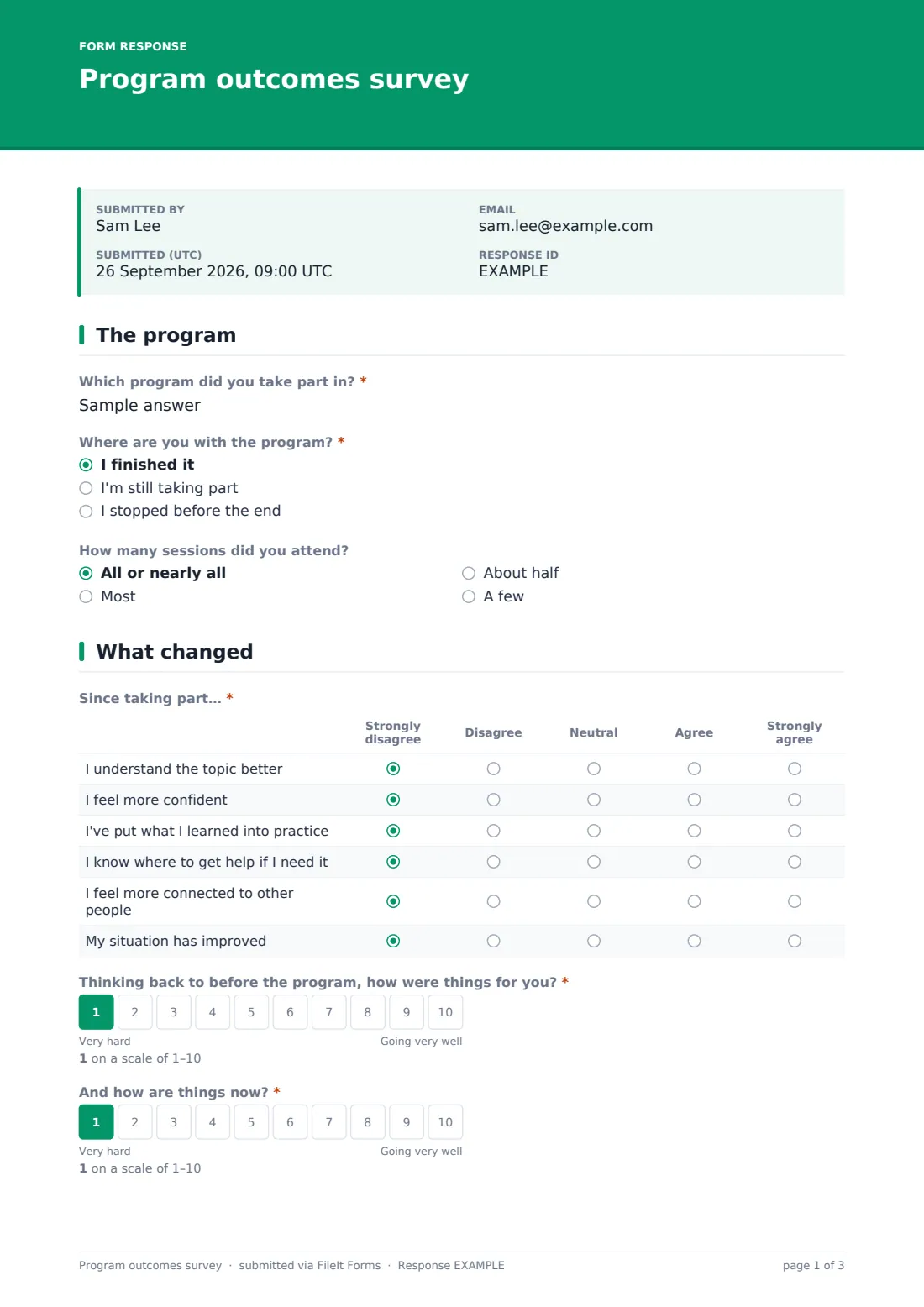 Program outcomes survey — example response PDF, page 1 of 3