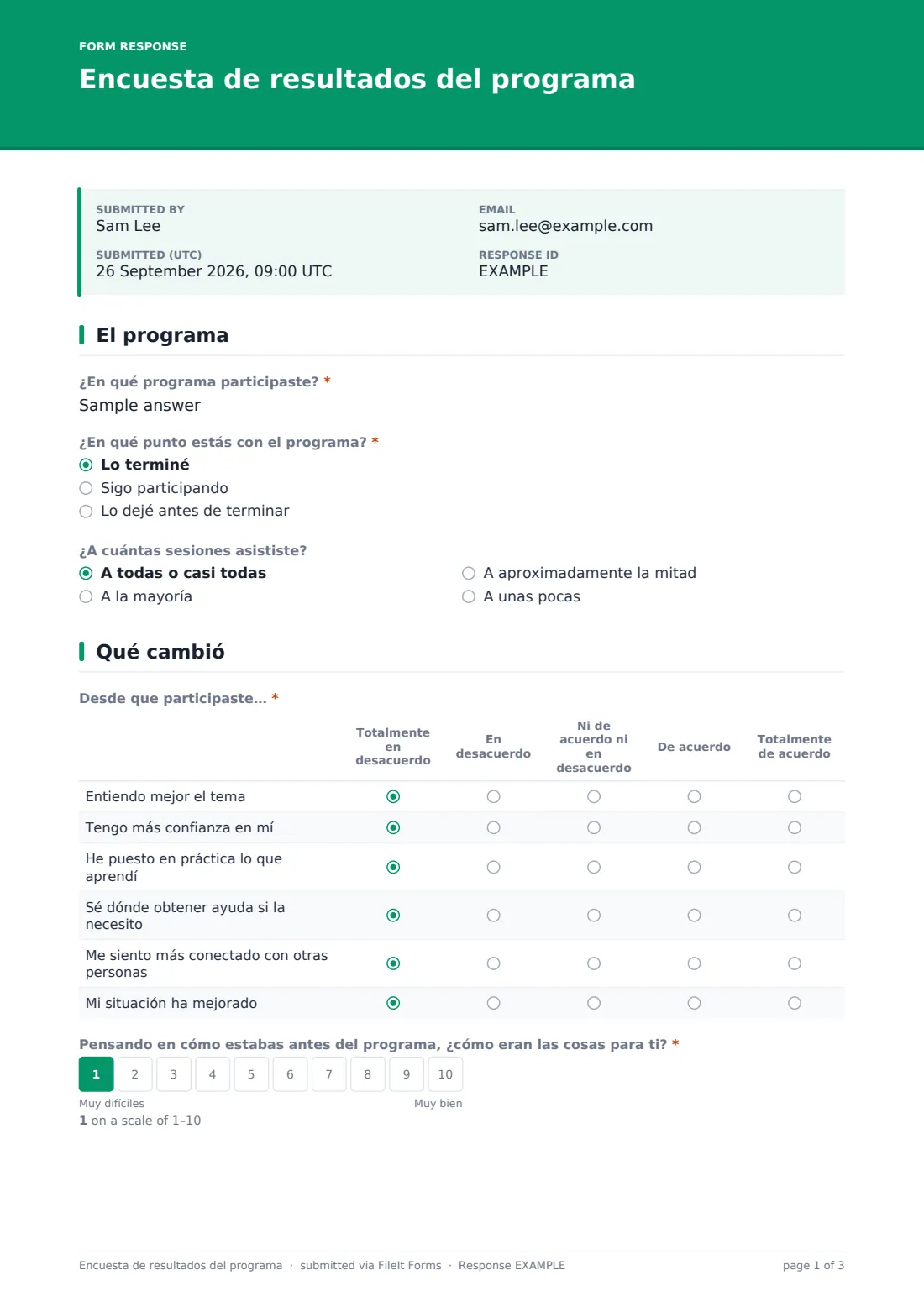 Encuesta de resultados del programa — PDF de respuesta de ejemplo, página 1 de 3