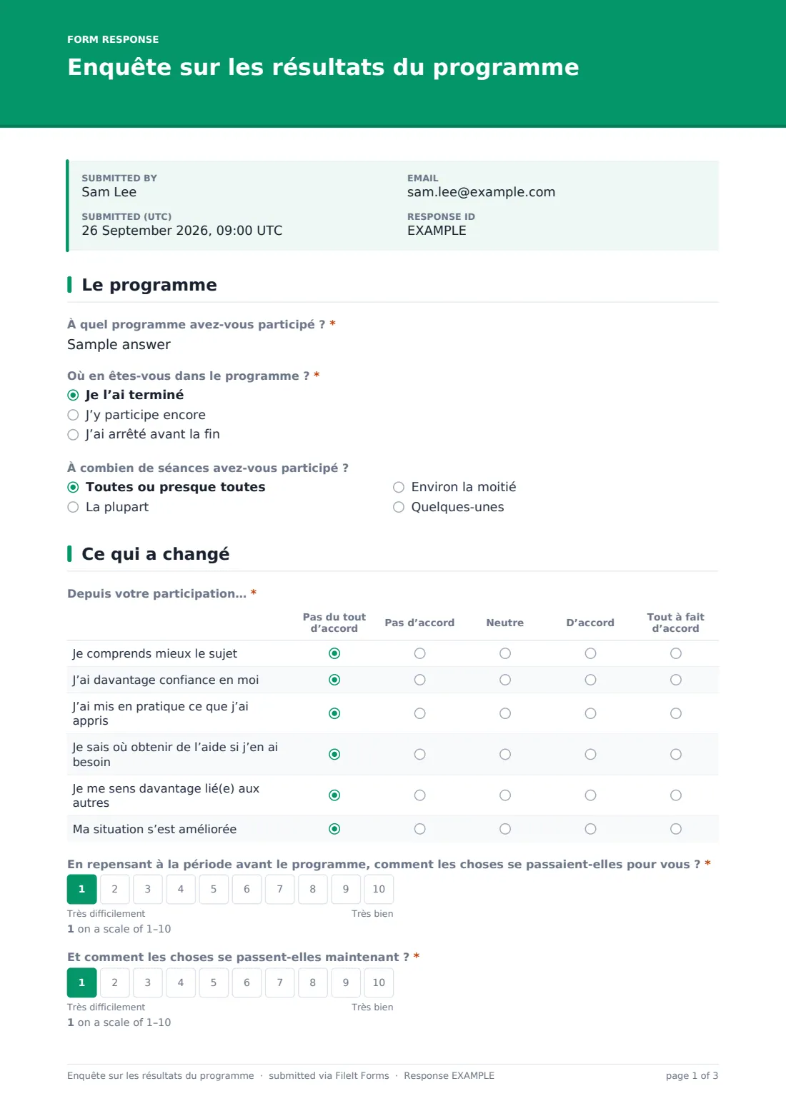 Enquête sur les résultats du programme — exemple de réponse au format PDF, page 1 sur 3