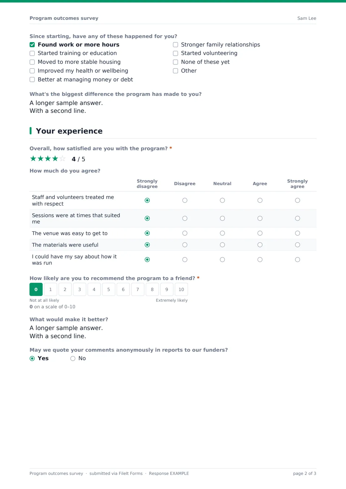 Program outcomes survey — example response PDF, page 2 of 3