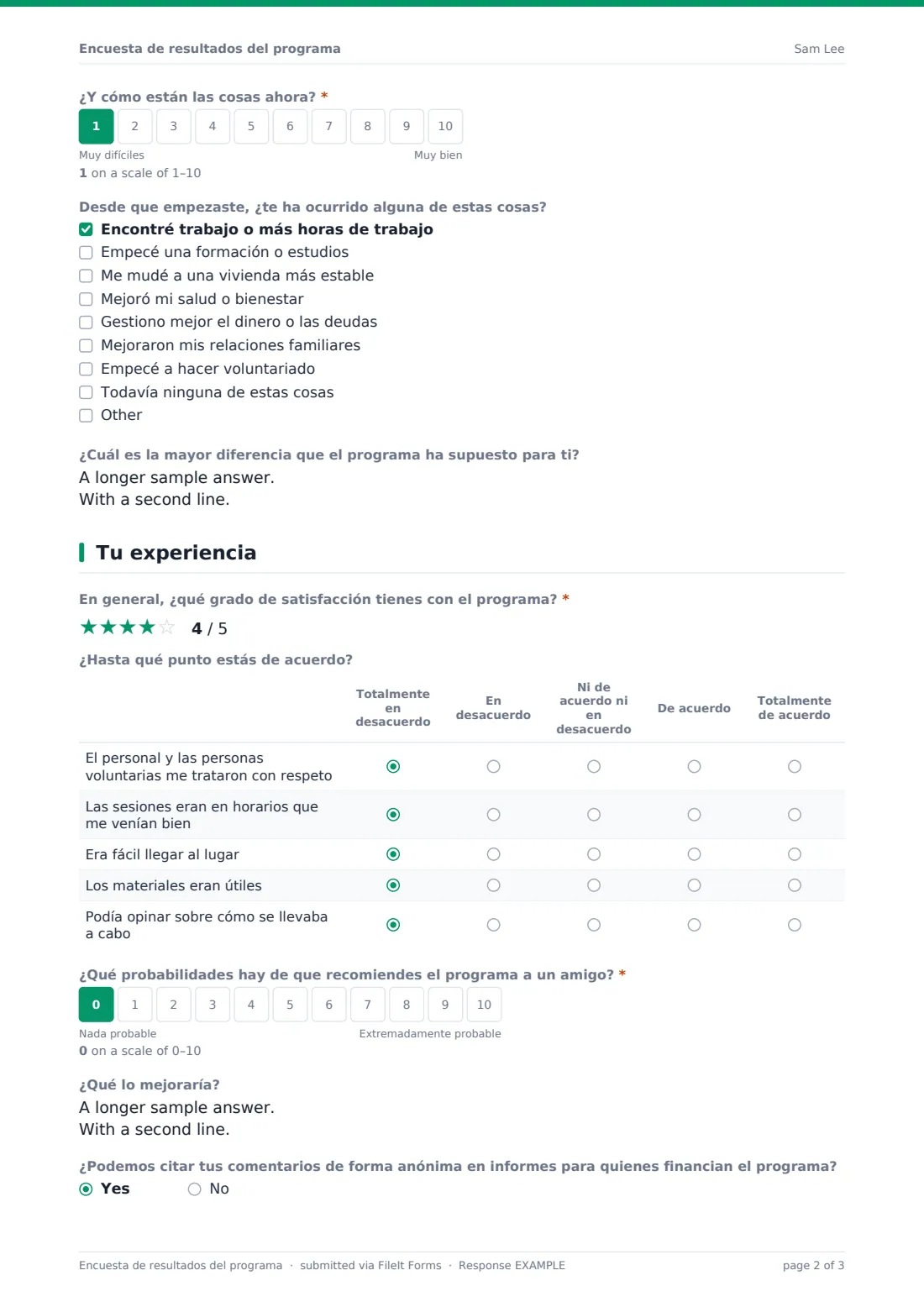 Encuesta de resultados del programa — PDF de respuesta de ejemplo, página 2 de 3