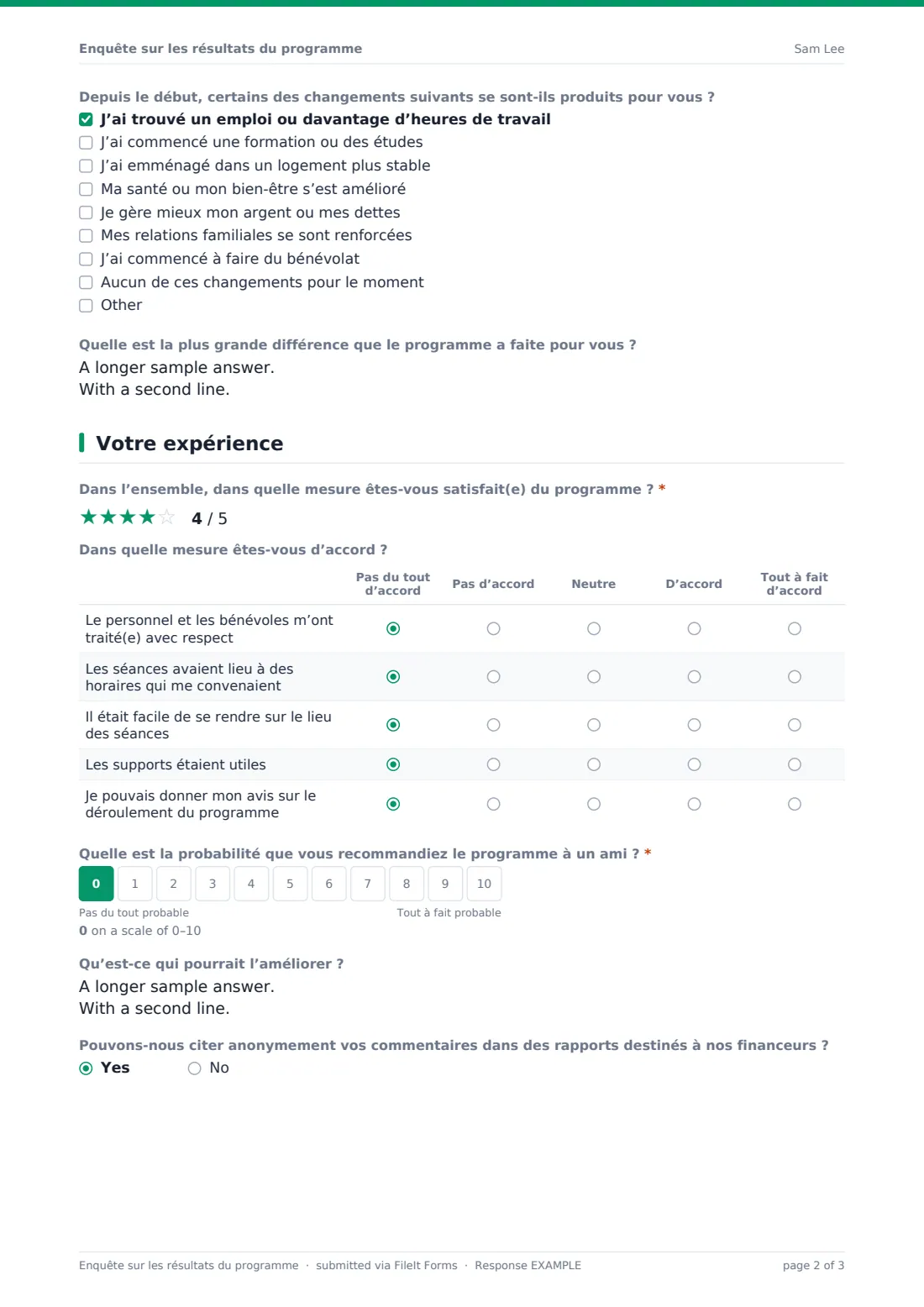 Enquête sur les résultats du programme — exemple de réponse au format PDF, page 2 sur 3