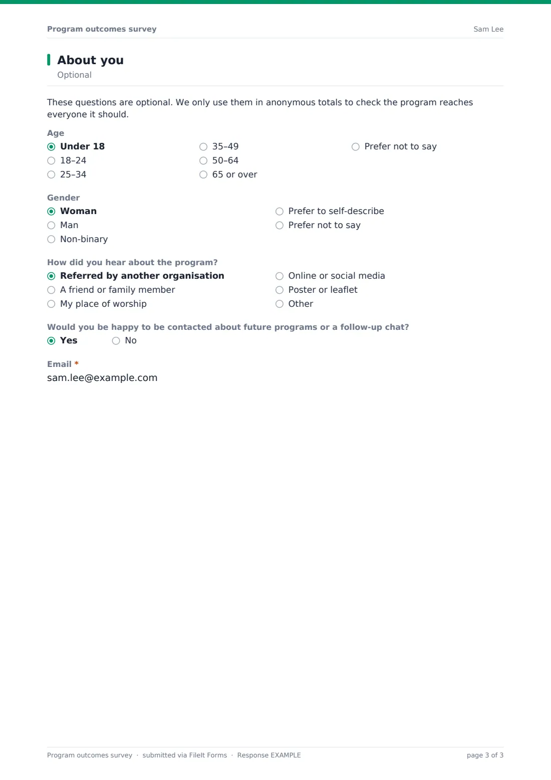 Program outcomes survey — example response PDF, page 3 of 3