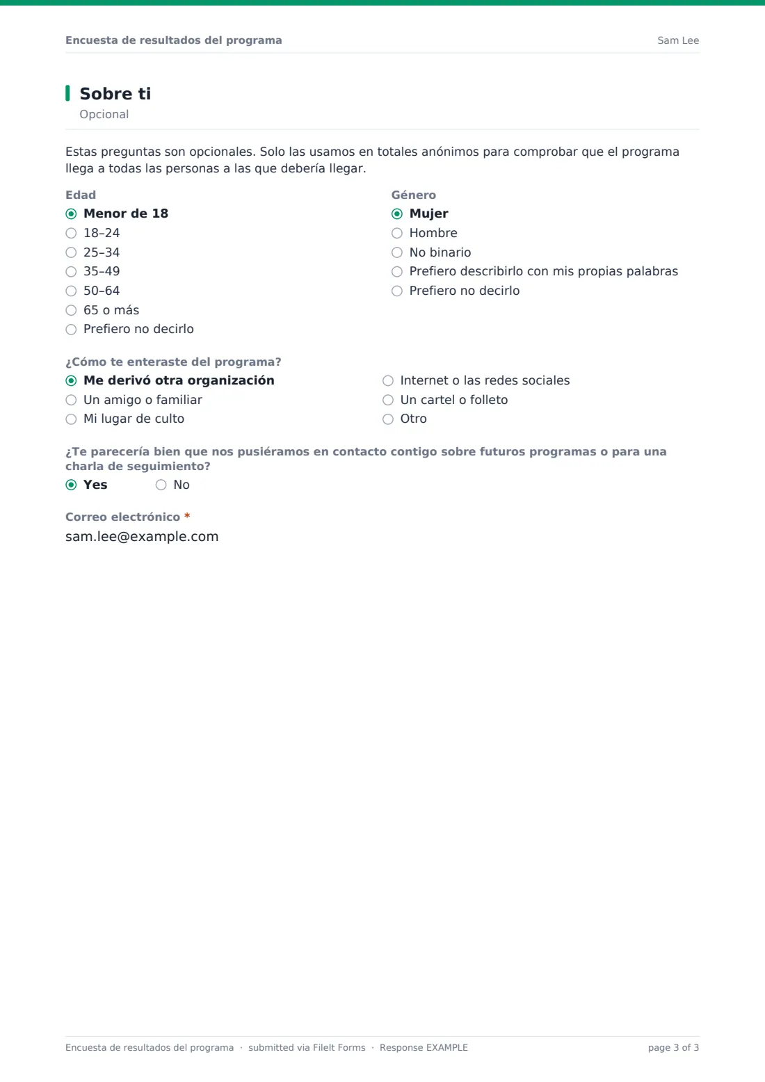 Encuesta de resultados del programa — PDF de respuesta de ejemplo, página 3 de 3