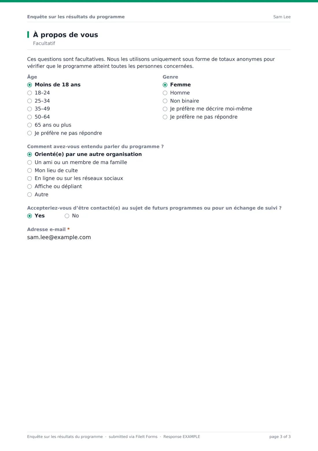 Enquête sur les résultats du programme — exemple de réponse au format PDF, page 3 sur 3