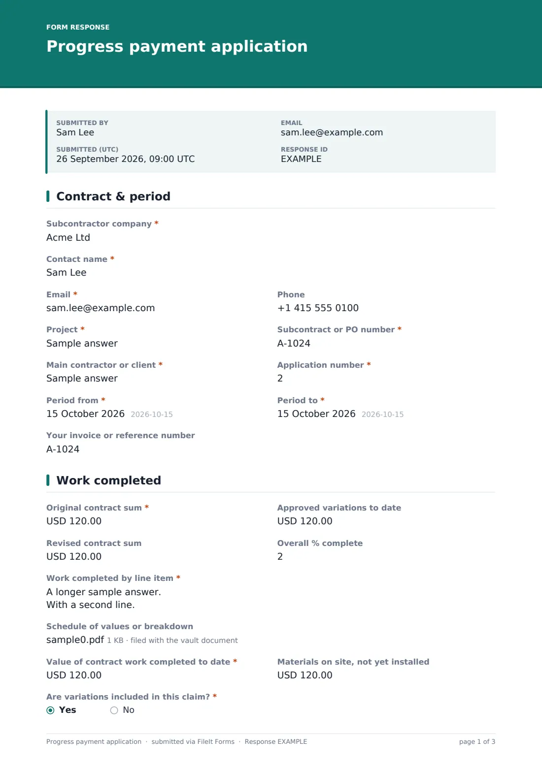 Progress payment application — example response PDF, page 1 of 3