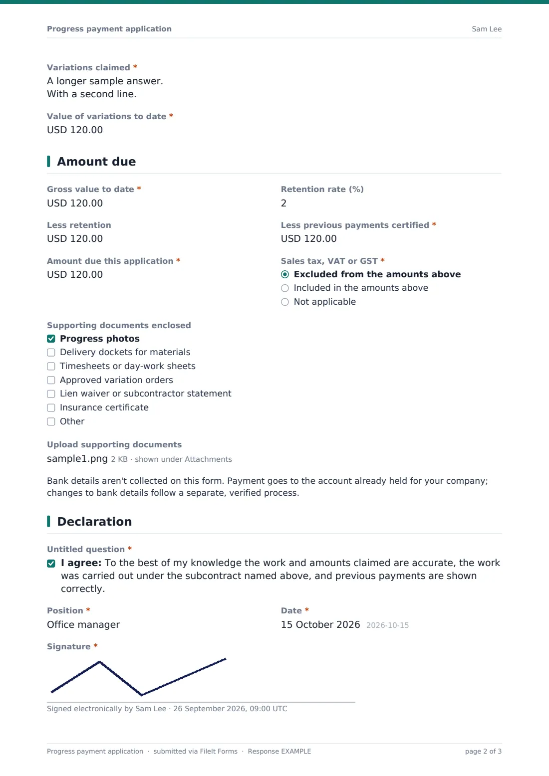 Progress payment application — example response PDF, page 2 of 3