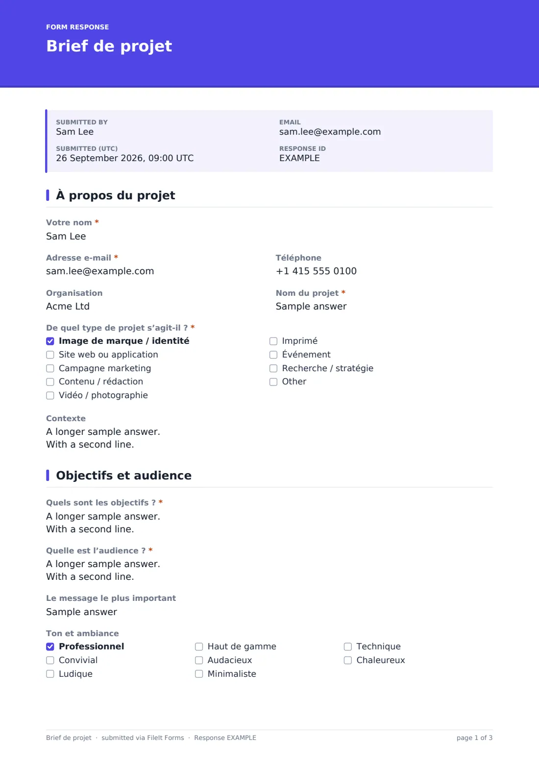 Brief de projet — exemple de réponse au format PDF, page 1 sur 3