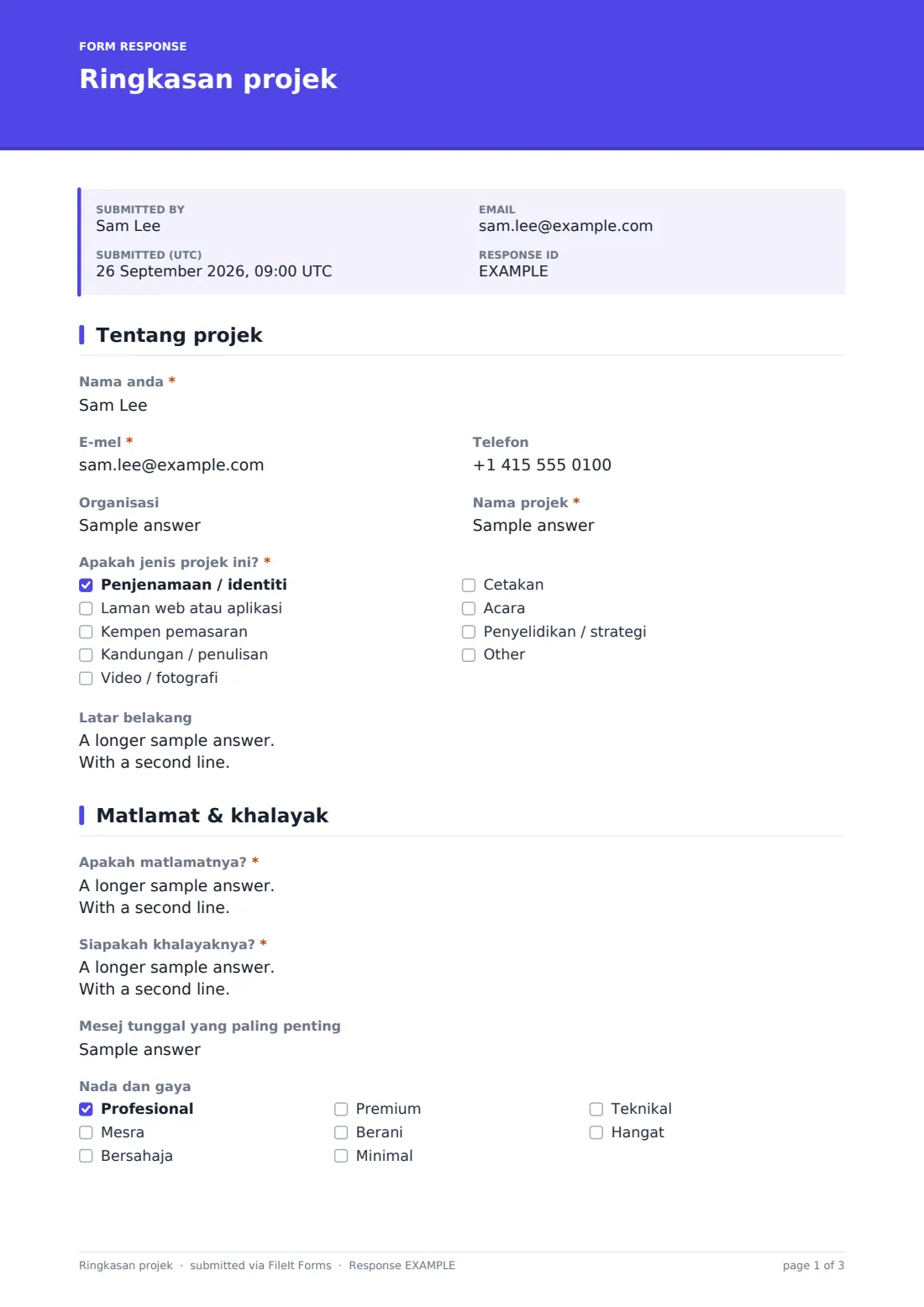 Ringkasan projek — PDF respons contoh, halaman 1 daripada 3
