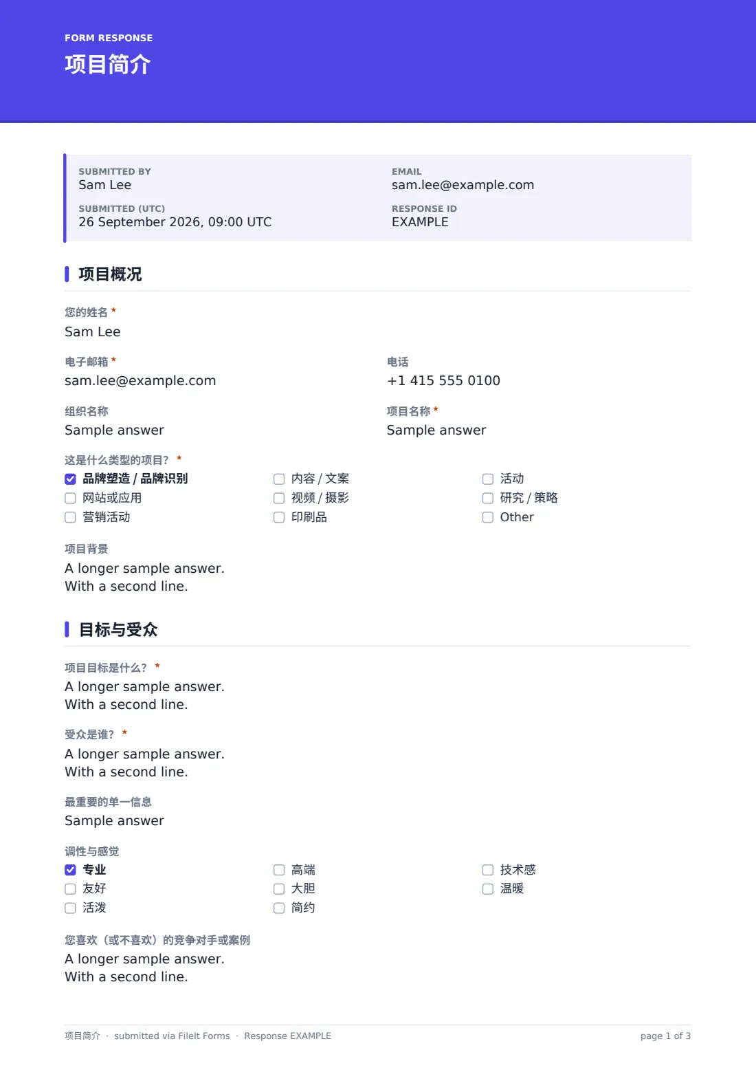 项目简介 — 示例回复 PDF，第 1 页，共 3 页
