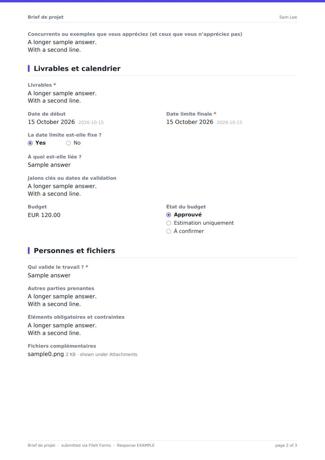 Brief de projet — exemple de réponse au format PDF, page 2 sur 3