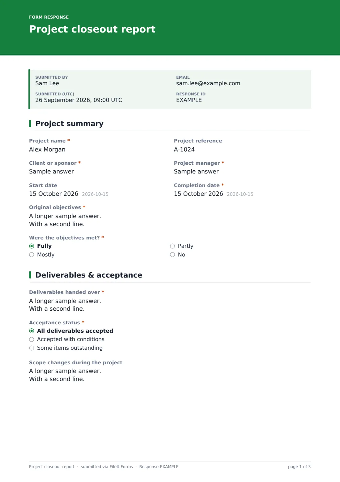 Project closeout report — example response PDF, page 1 of 3