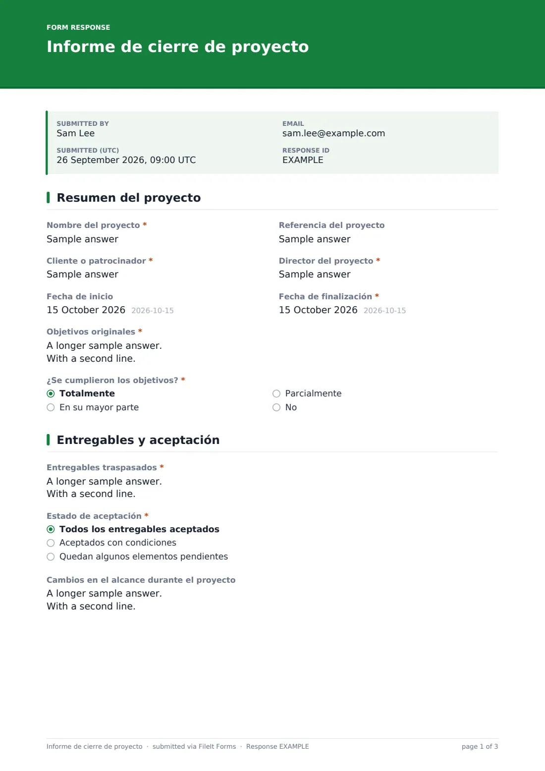 Informe de cierre de proyecto — PDF de respuesta de ejemplo, página 1 de 3