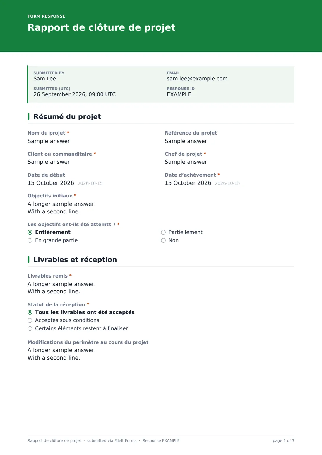 Rapport de clôture de projet — exemple de réponse au format PDF, page 1 sur 3