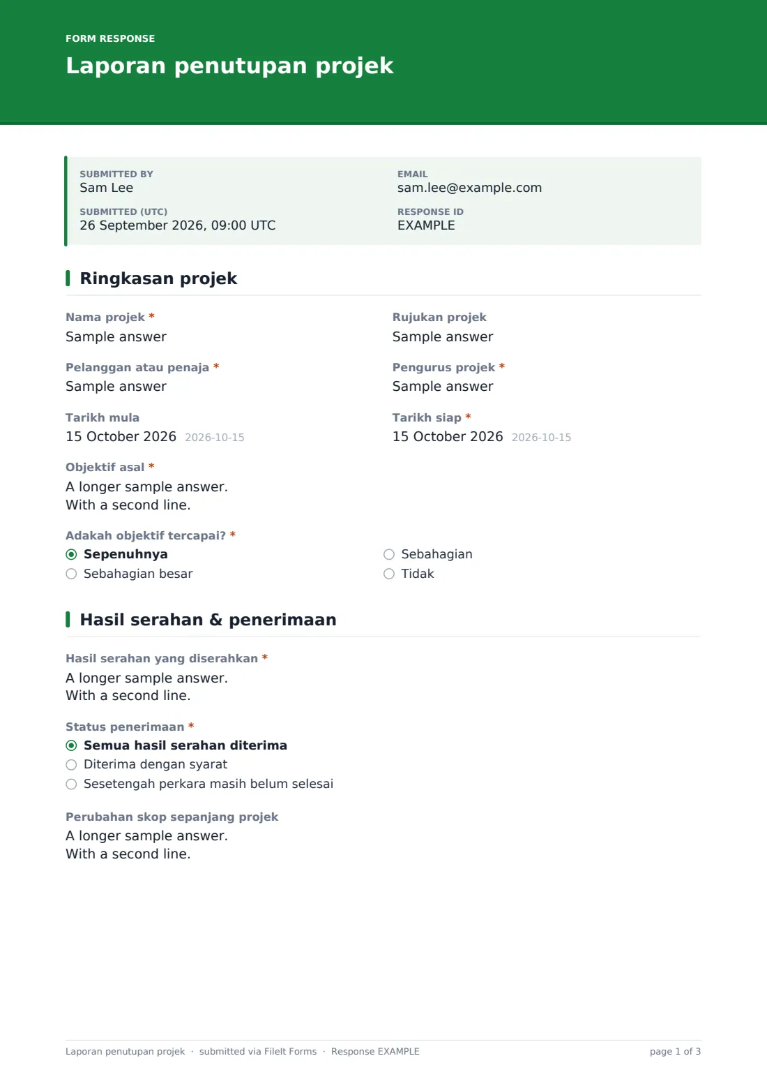 Laporan penutupan projek — PDF respons contoh, halaman 1 daripada 3