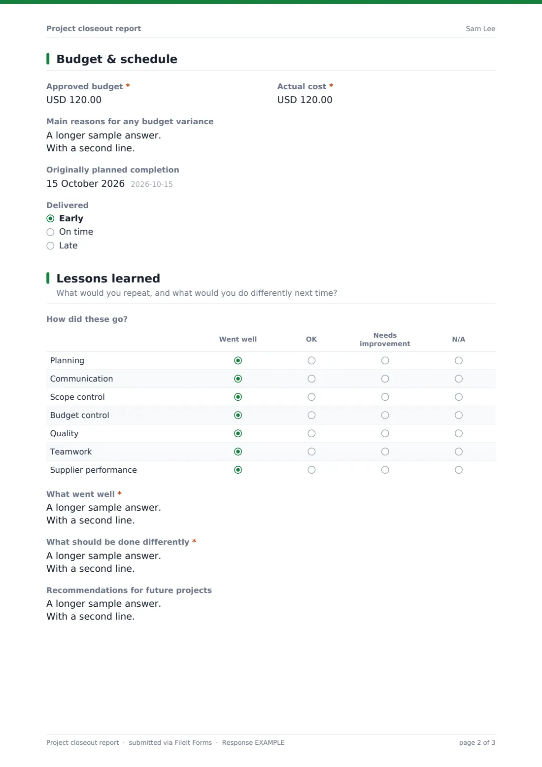 Project closeout report — example response PDF, page 2 of 3