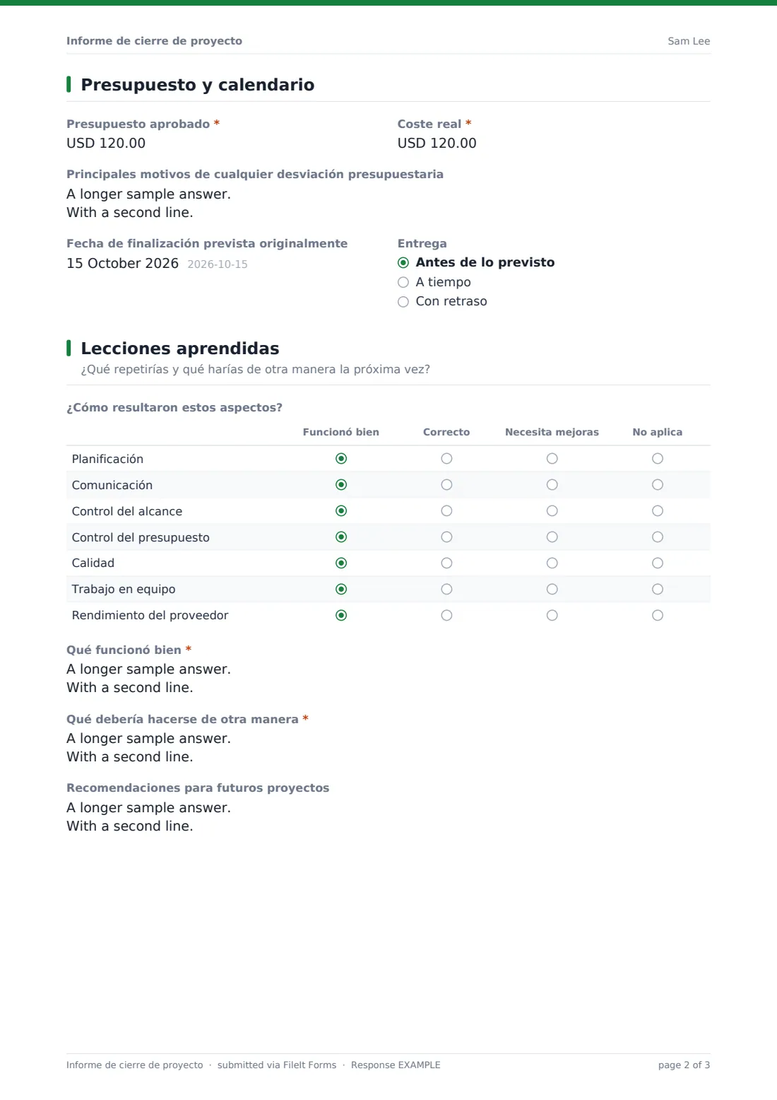 Informe de cierre de proyecto — PDF de respuesta de ejemplo, página 2 de 3