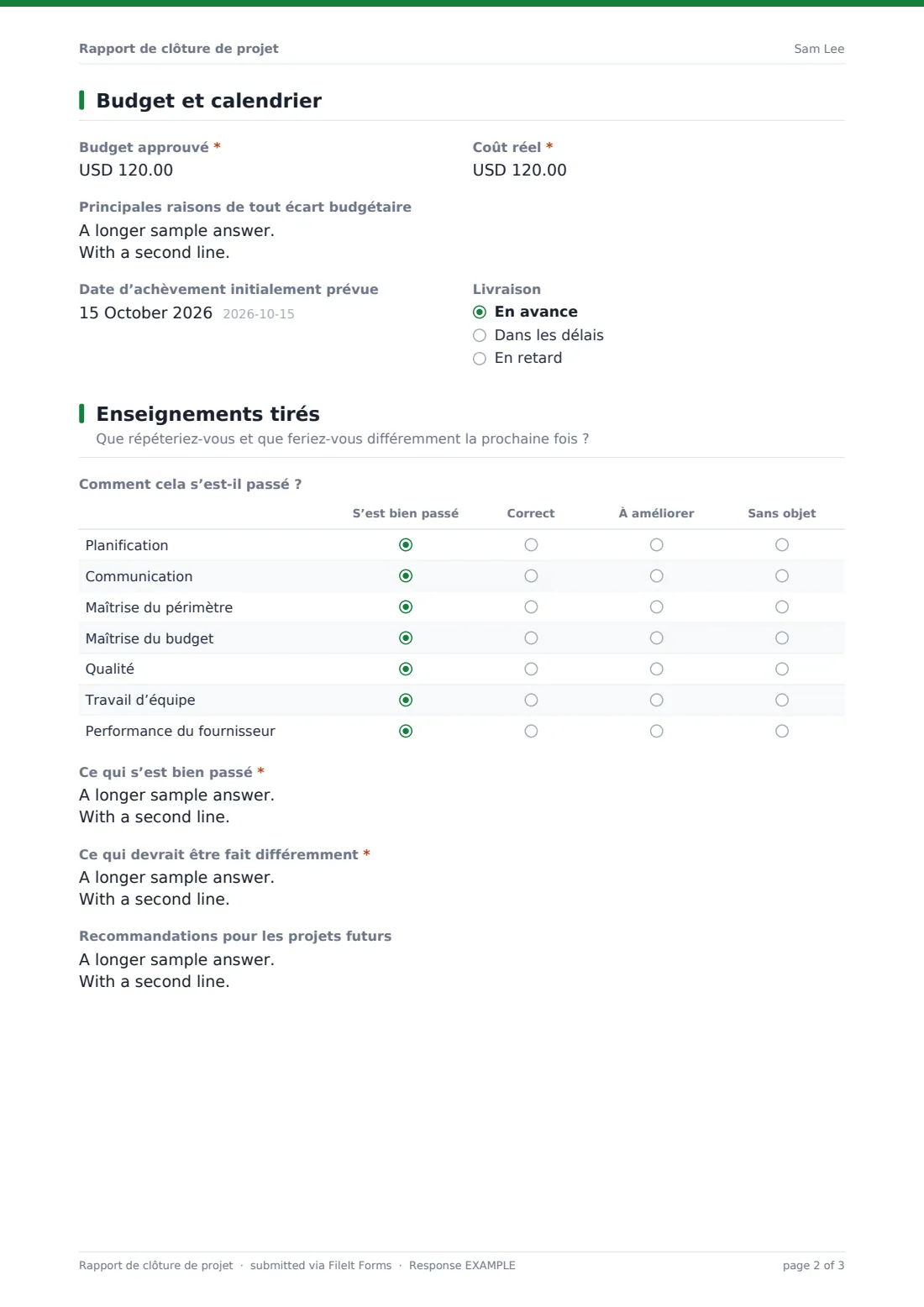 Rapport de clôture de projet — exemple de réponse au format PDF, page 2 sur 3