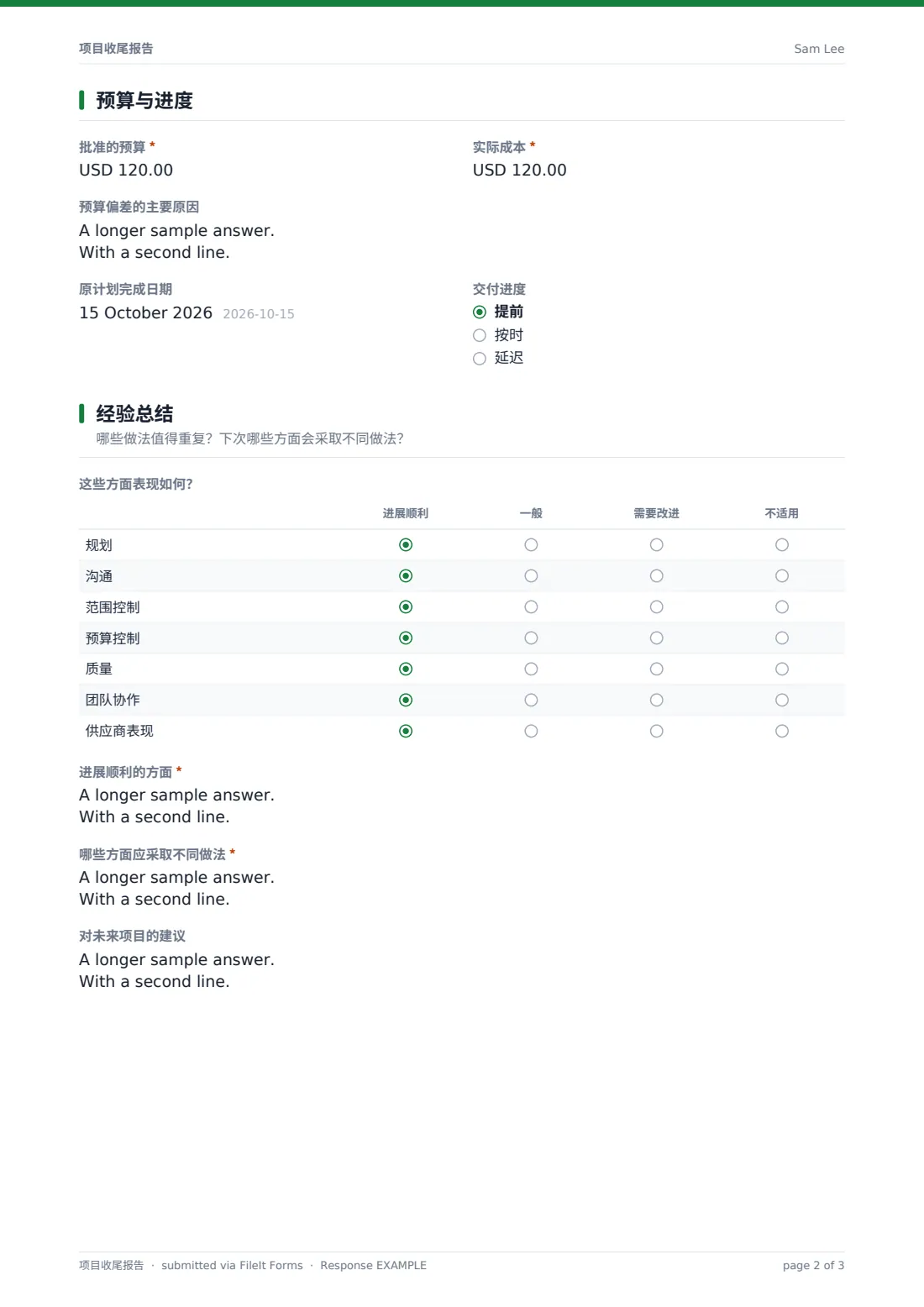 项目收尾报告 — 示例回复 PDF，第 2 页，共 3 页