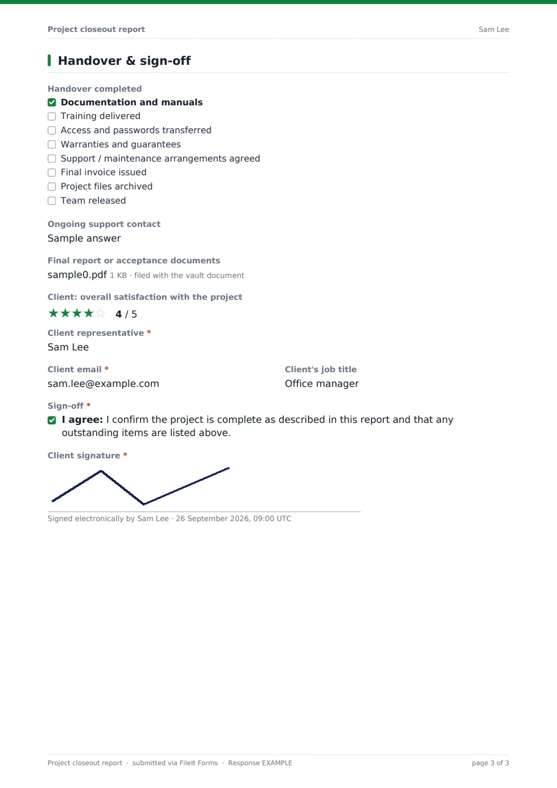 Project closeout report — example response PDF, page 3 of 3