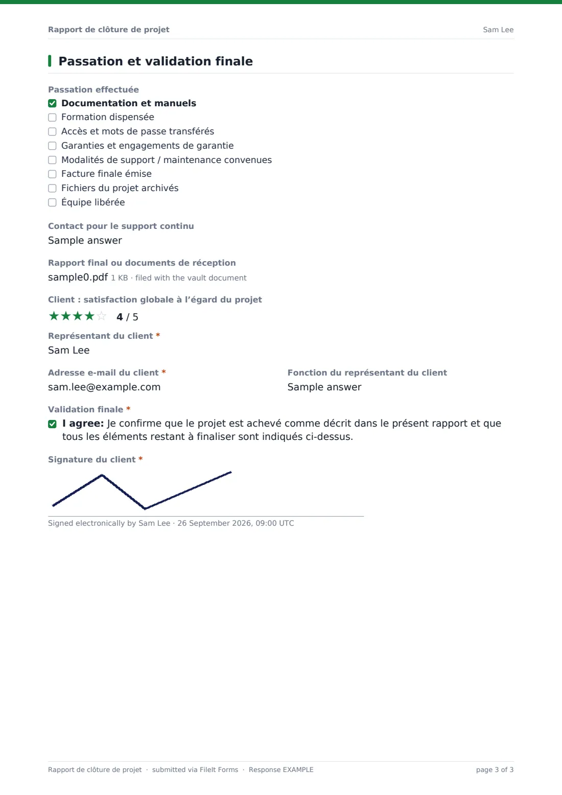 Rapport de clôture de projet — exemple de réponse au format PDF, page 3 sur 3