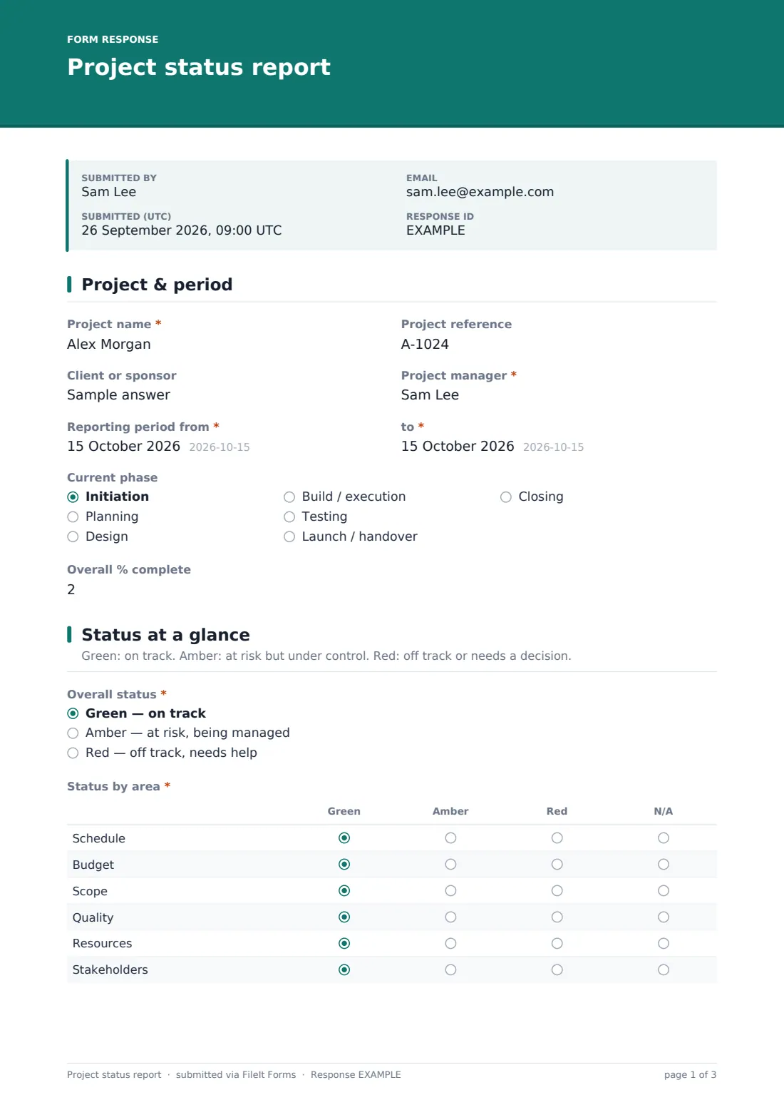Project status report — example response PDF, page 1 of 3
