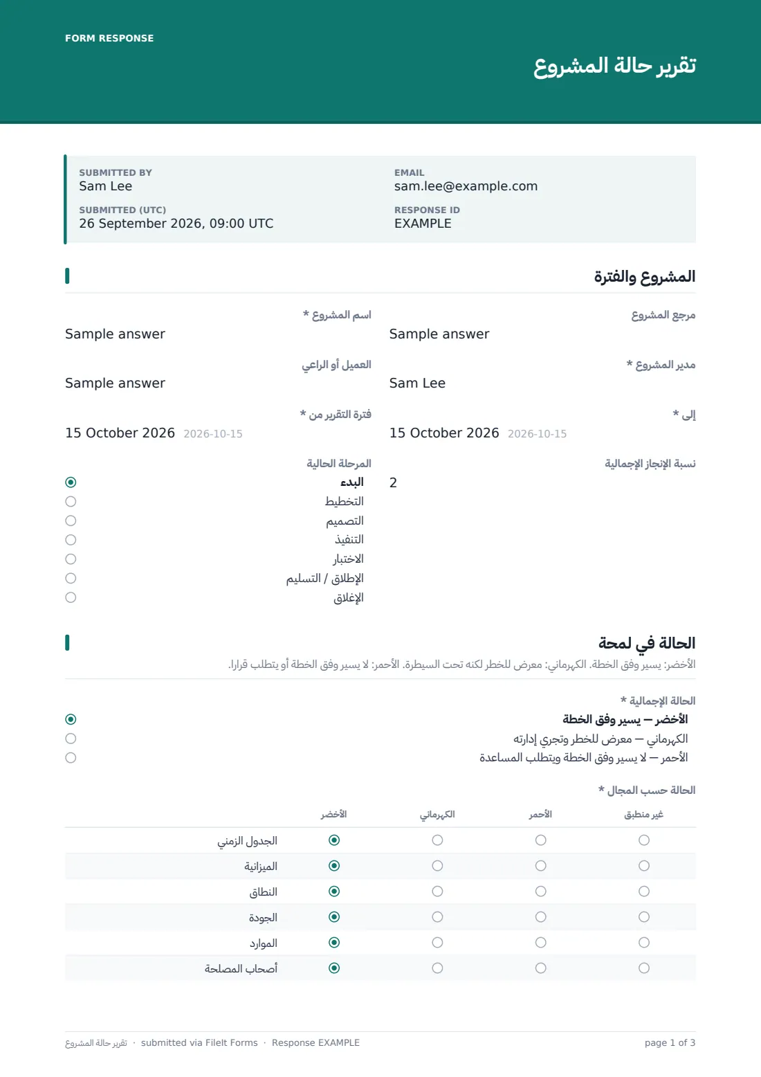 تقرير حالة المشروع — ملف PDF لرد نموذجي، الصفحة 1 من 3