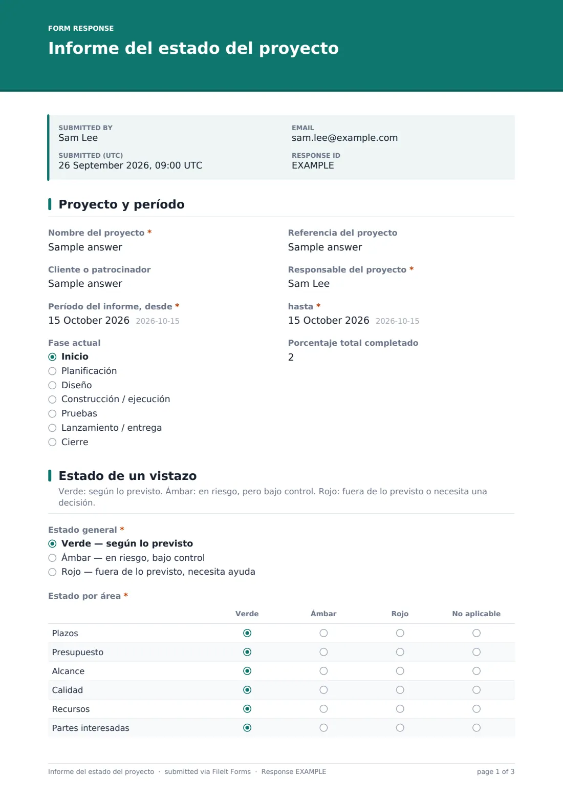 Informe del estado del proyecto — PDF de respuesta de ejemplo, página 1 de 3