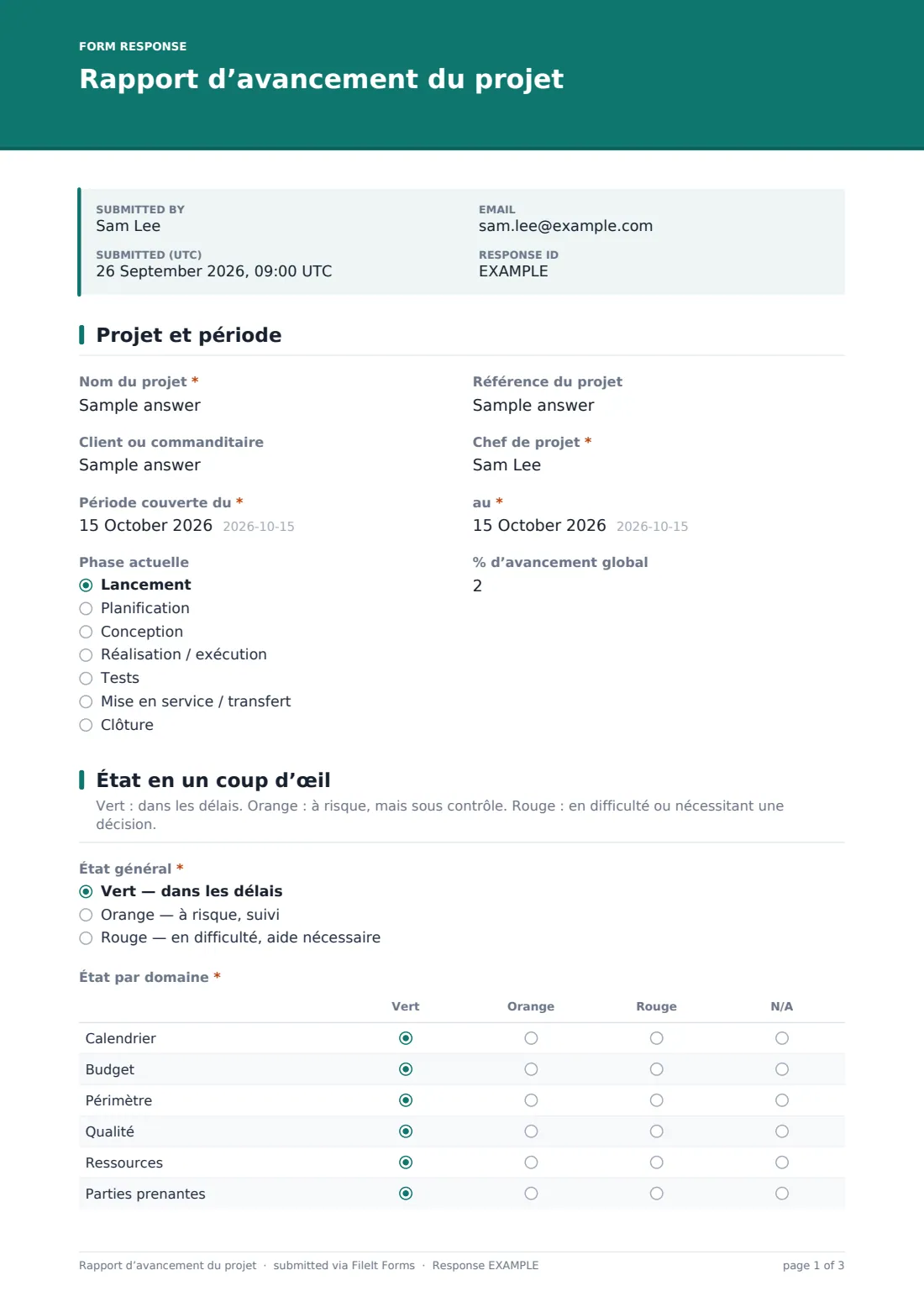 Rapport d’avancement du projet — exemple de réponse au format PDF, page 1 sur 3
