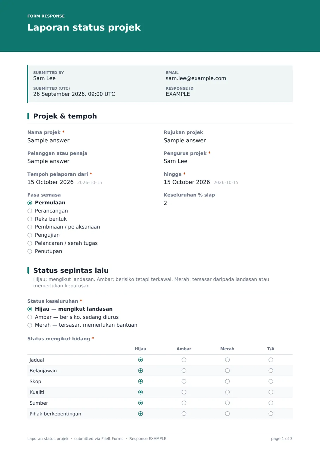 Laporan status projek — PDF respons contoh, halaman 1 daripada 3