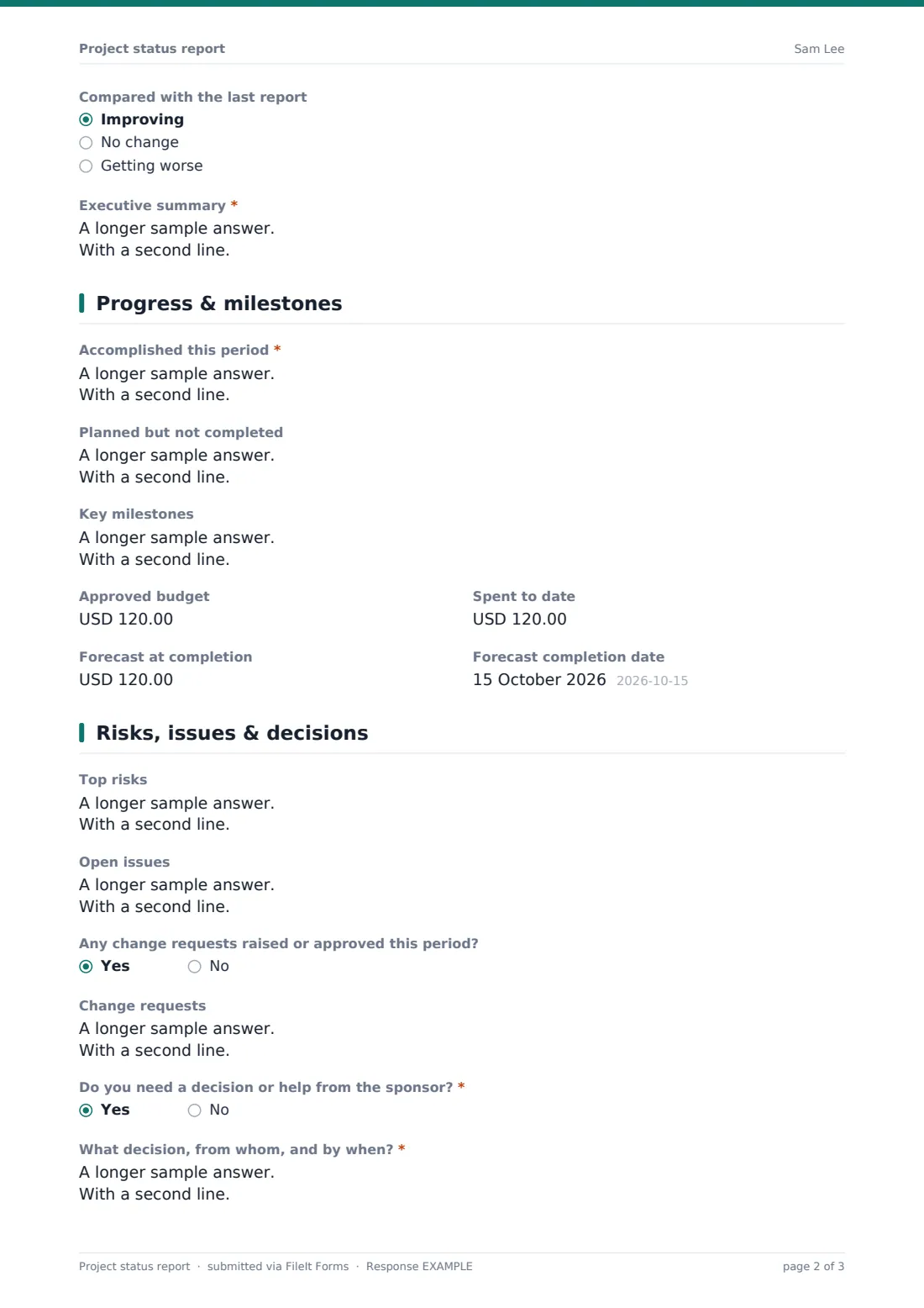Project status report — example response PDF, page 2 of 3