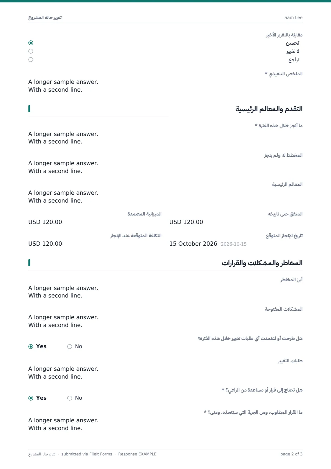 تقرير حالة المشروع — ملف PDF لرد نموذجي، الصفحة 2 من 3