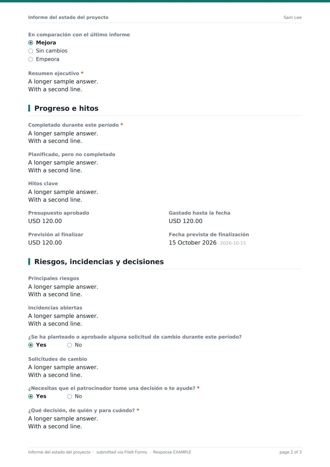 Informe del estado del proyecto — PDF de respuesta de ejemplo, página 2 de 3